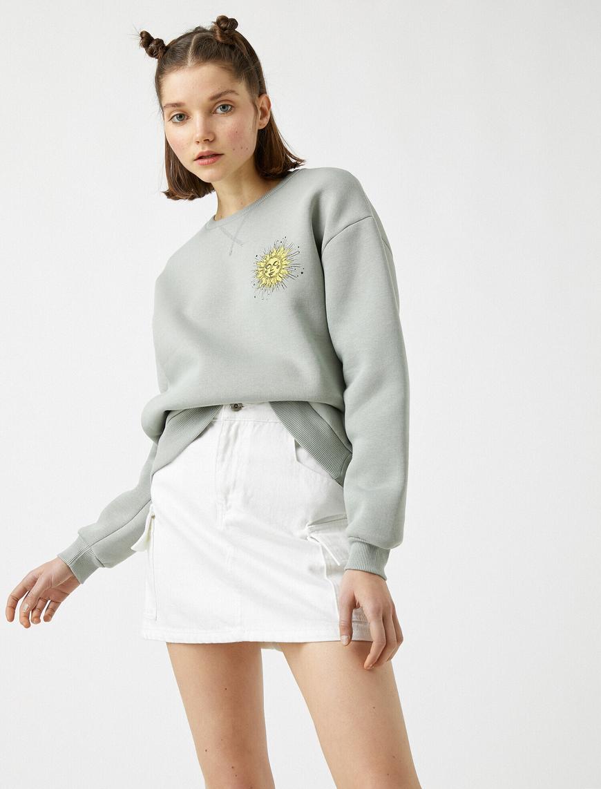   Pamuklu Bisiklet Yaka Baskılı Sweatshirt