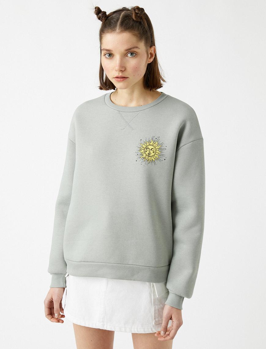   Pamuklu Bisiklet Yaka Baskılı Sweatshirt