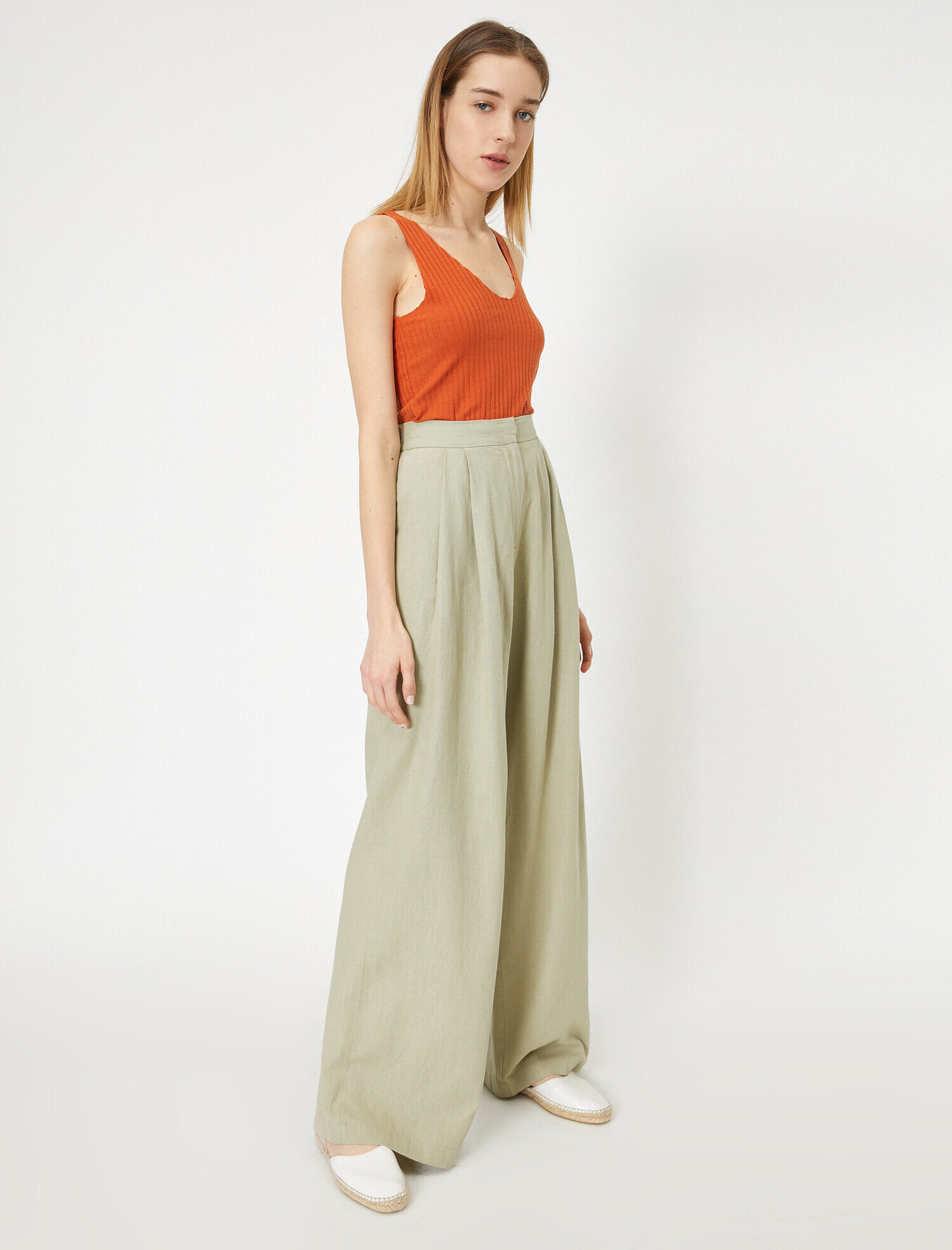   Yüksek Bel Geniş Paça Keten Karışımlı Pantolon