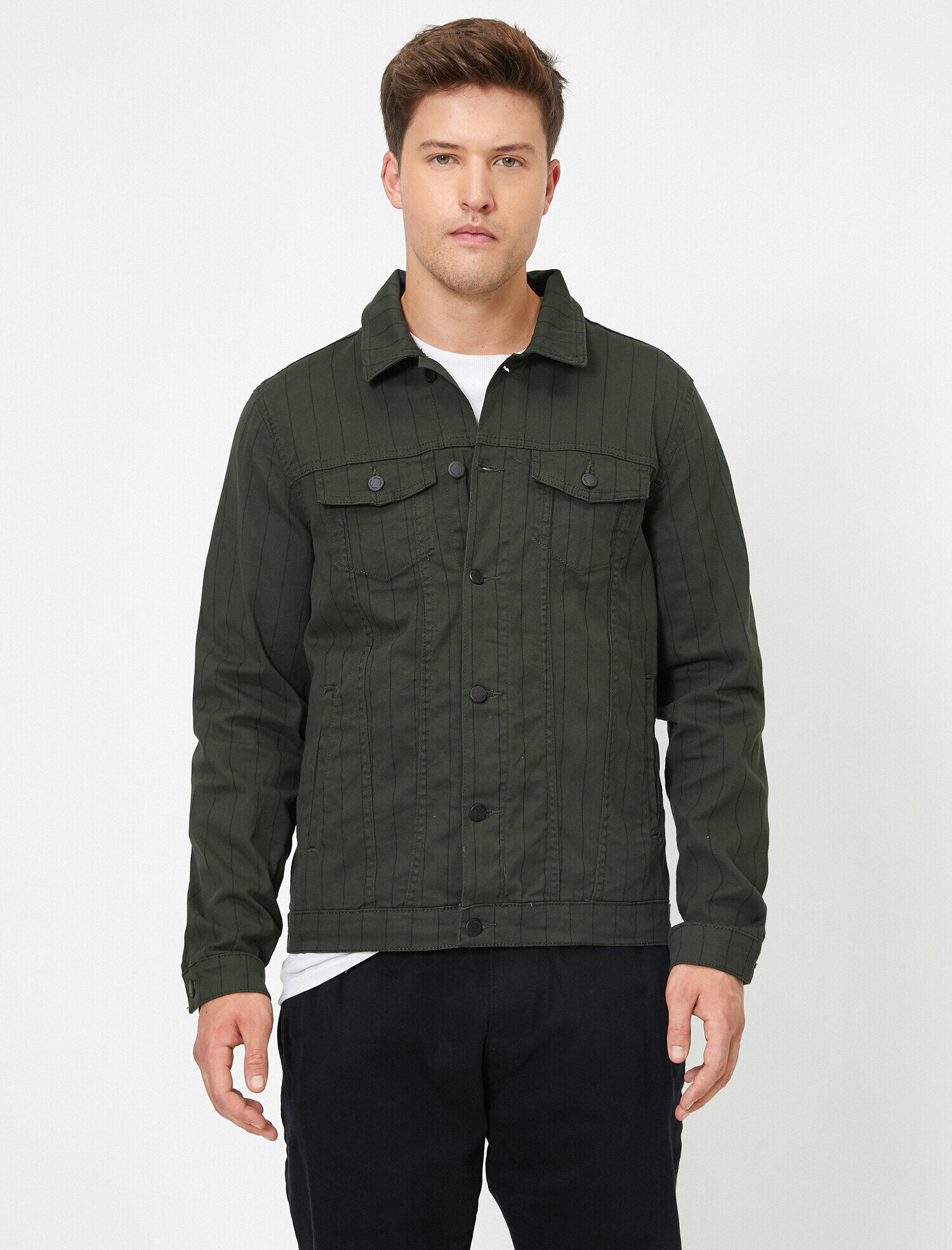   Çizgili Cepli Klasik Yaka Mont