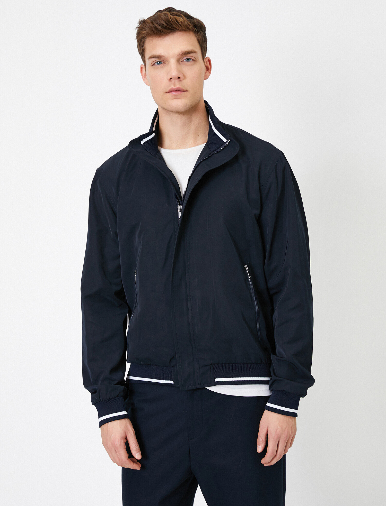   Çizgili Ribanalı Fermuarlı Mont