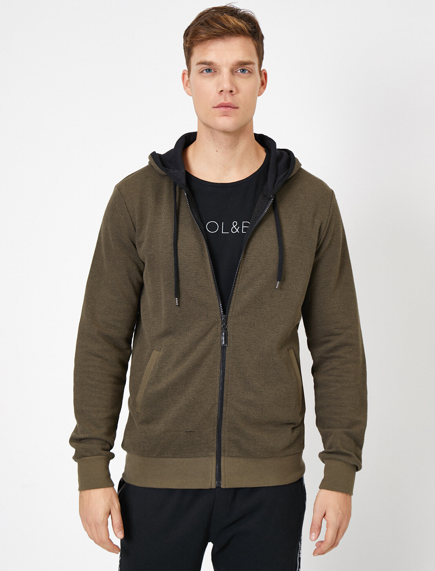   Kapüşonlu Fermuarlı Kanguru Cepli Kontrast Biyeli Sweatshirt