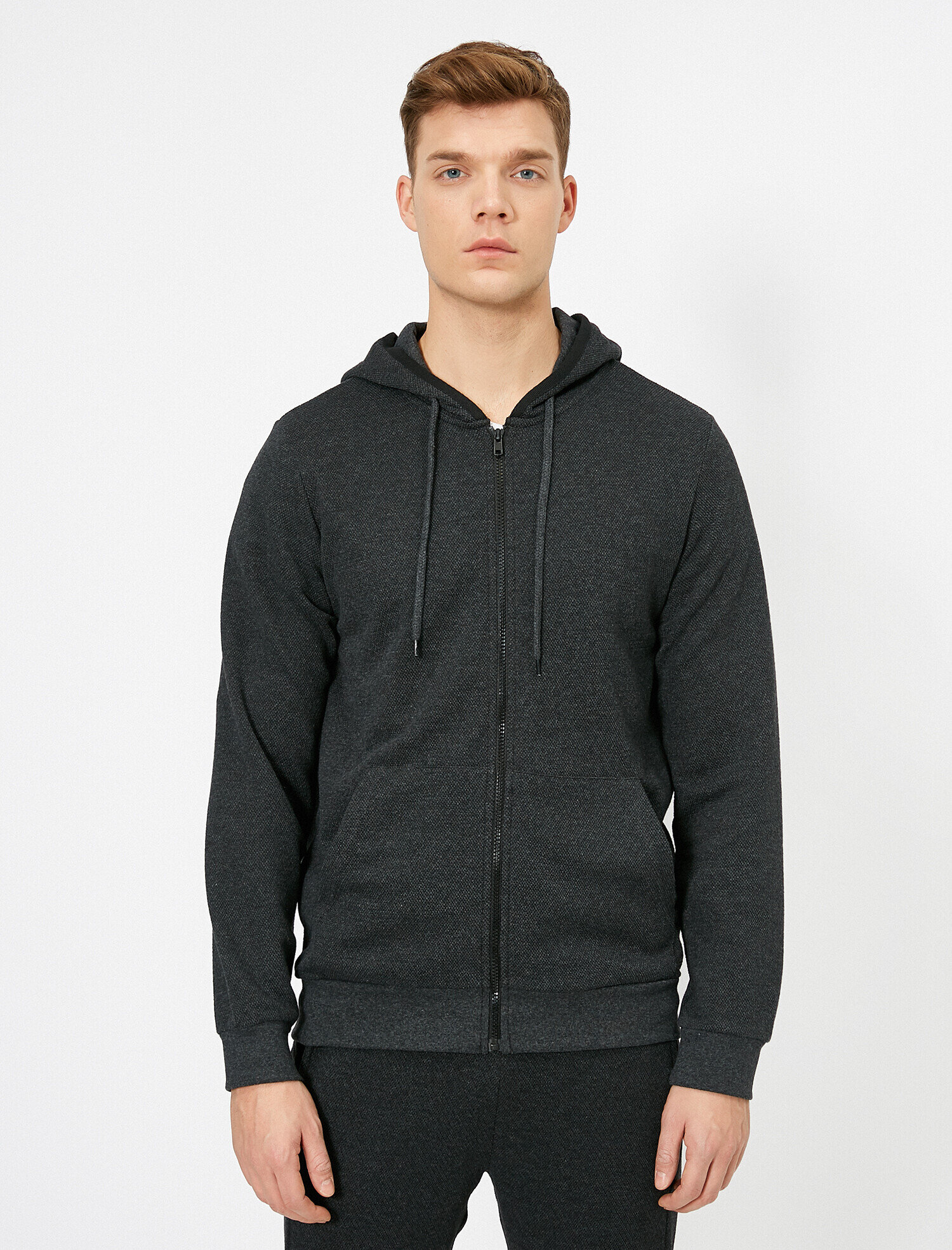   Kapüşonlu Fermuarlı Kanguru Cepli Kontrast Biyeli Sweatshirt