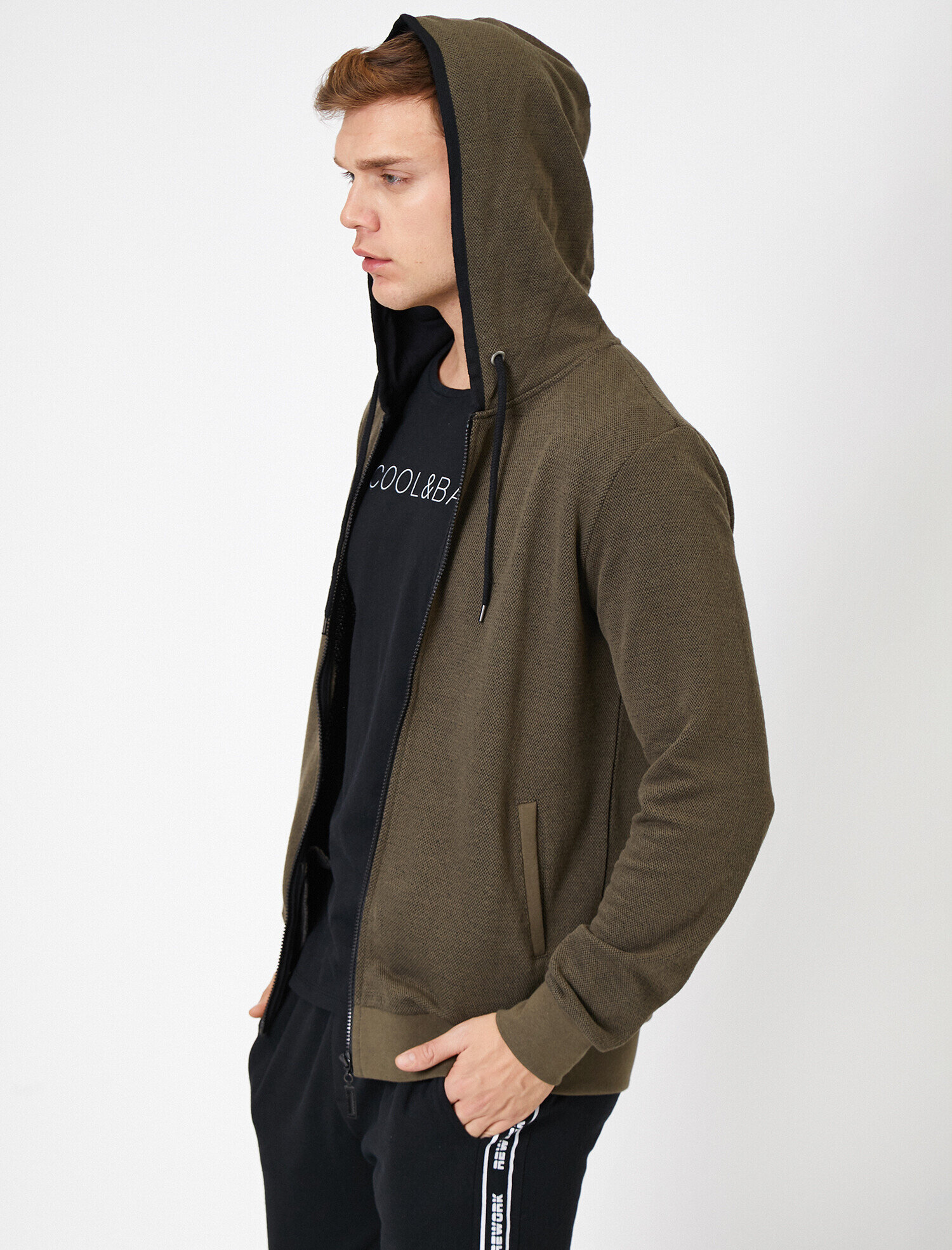   Kapüşonlu Fermuarlı Kanguru Cepli Kontrast Biyeli Sweatshirt