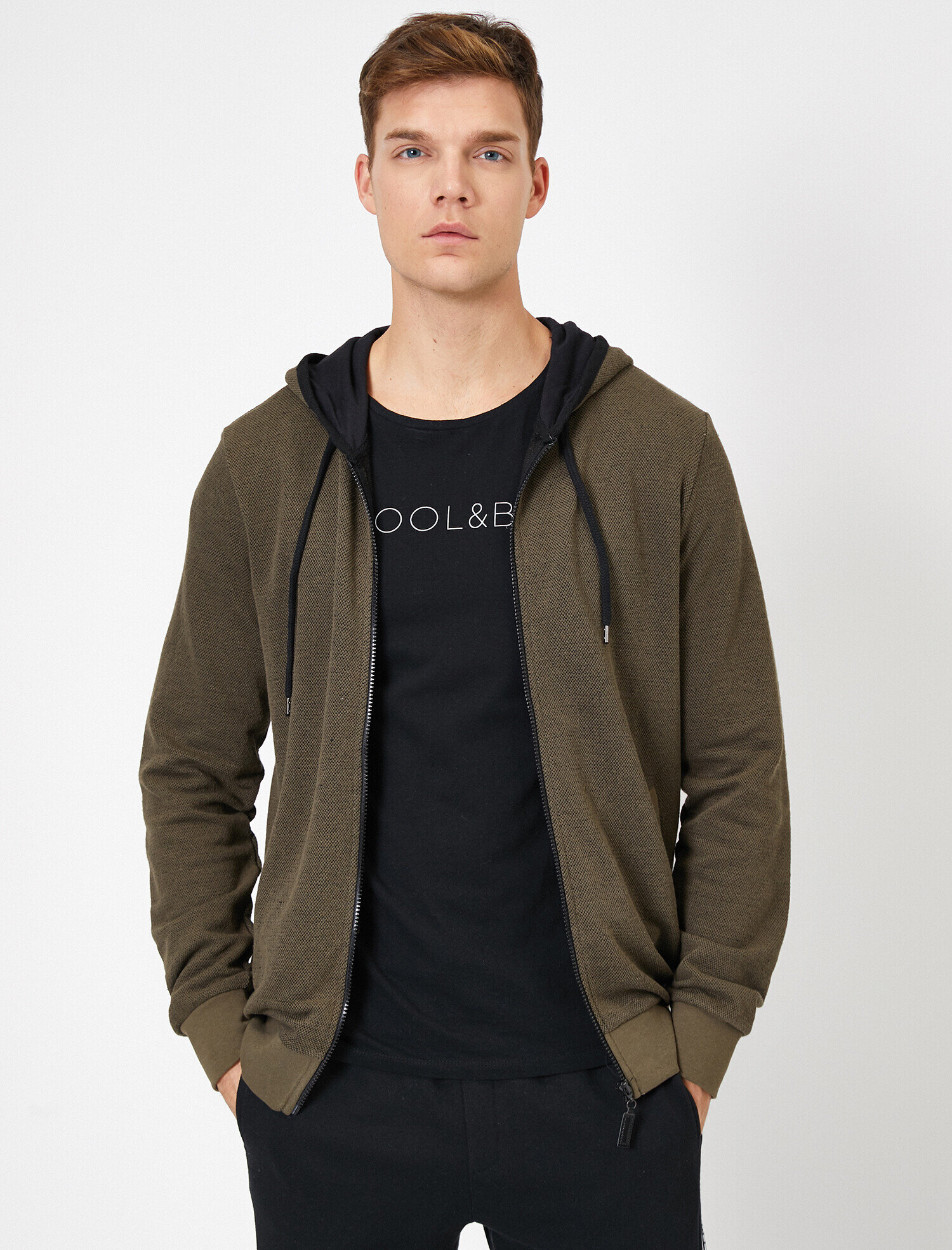   Kapüşonlu Fermuarlı Kanguru Cepli Kontrast Biyeli Sweatshirt