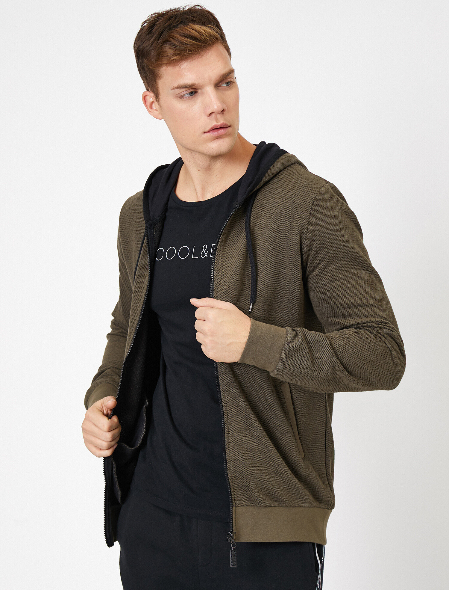   Kapüşonlu Fermuarlı Kanguru Cepli Kontrast Biyeli Sweatshirt