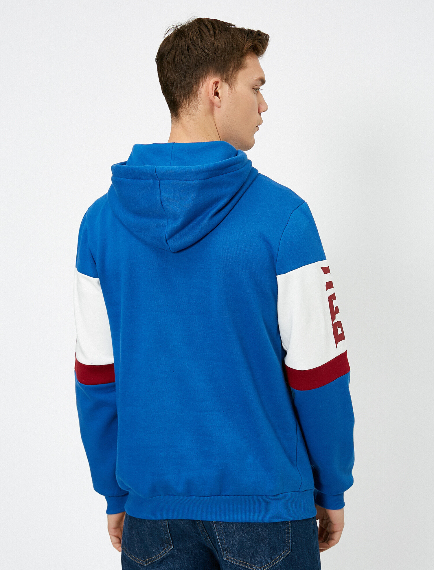 Lacivert Erkek Kapüşonlu Kolları Baskılı Kanguru Cepli Sweatshirt