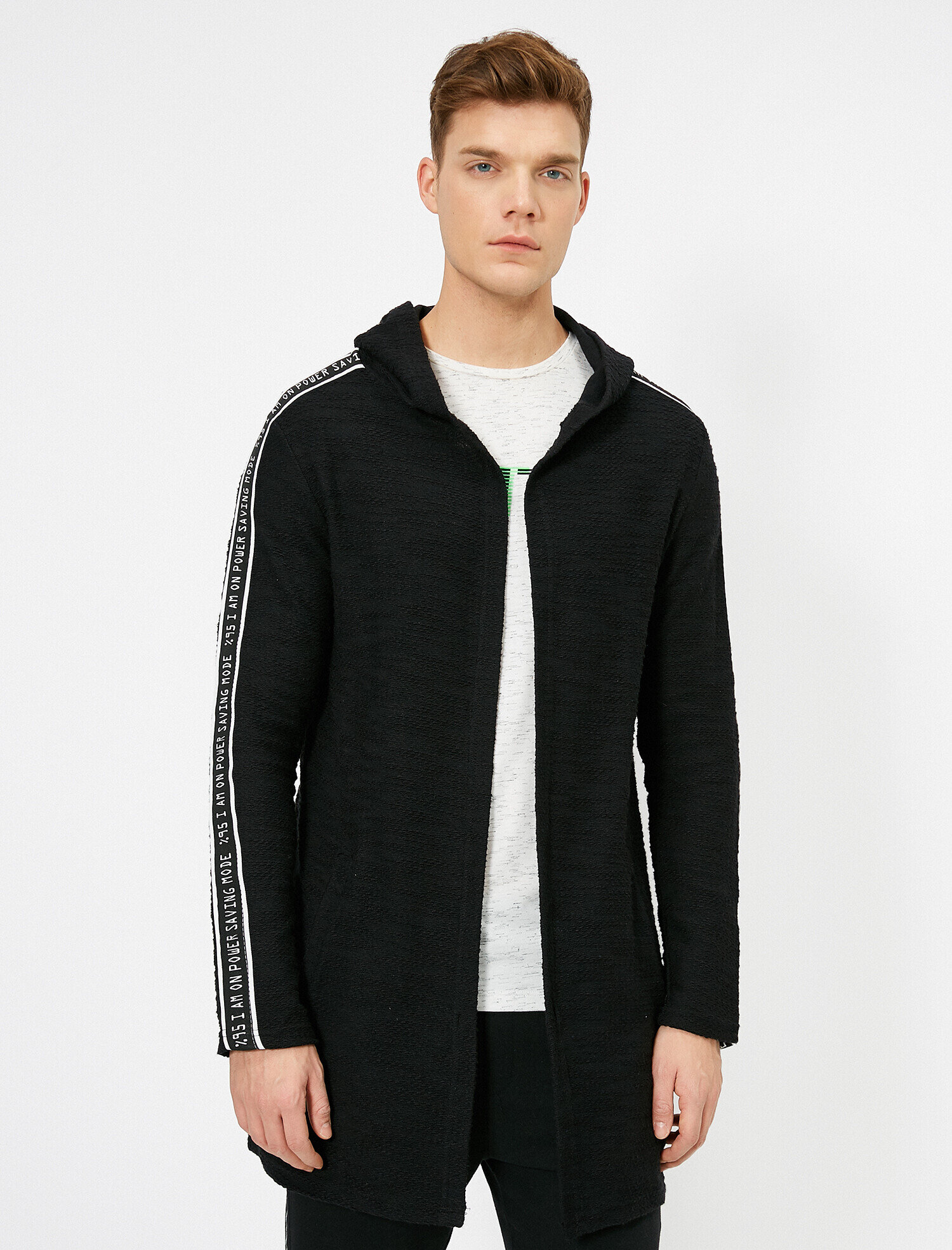   Kapüşonlu Kolu Baskılı Uzun Fit Hırka