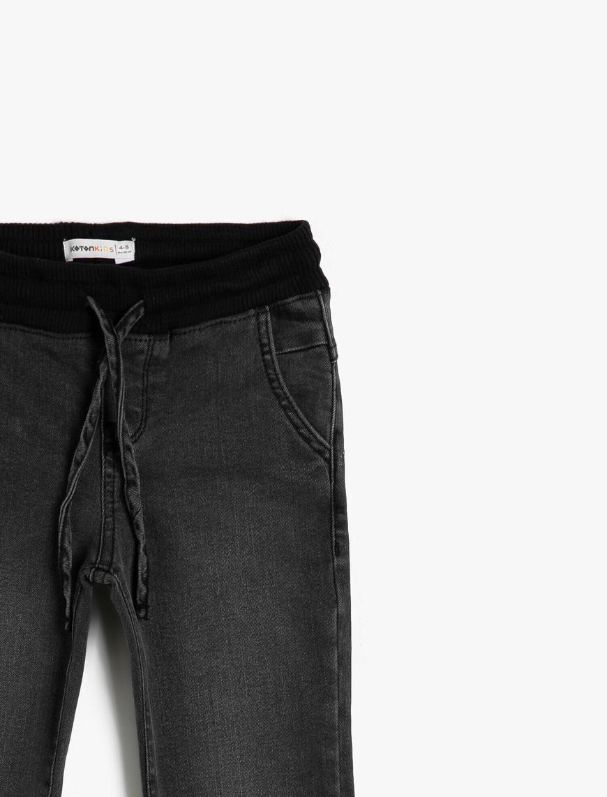  Erkek Çocuk Kot Pantolon Jogger Beli Bağlamalı Pamuklu Cepli - Jegging Jean