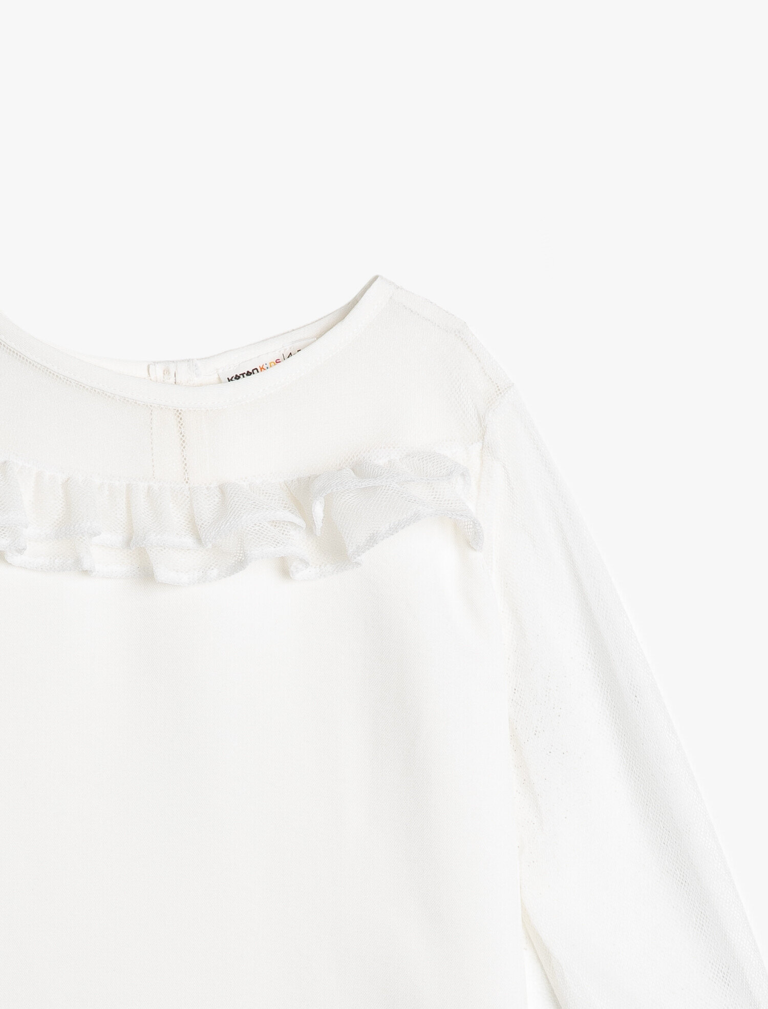  Kız Çocuk Dökümlü Kumaştan Tüllü Fırfırlı Bisiklet Yaka Uzun Kollu Bluz