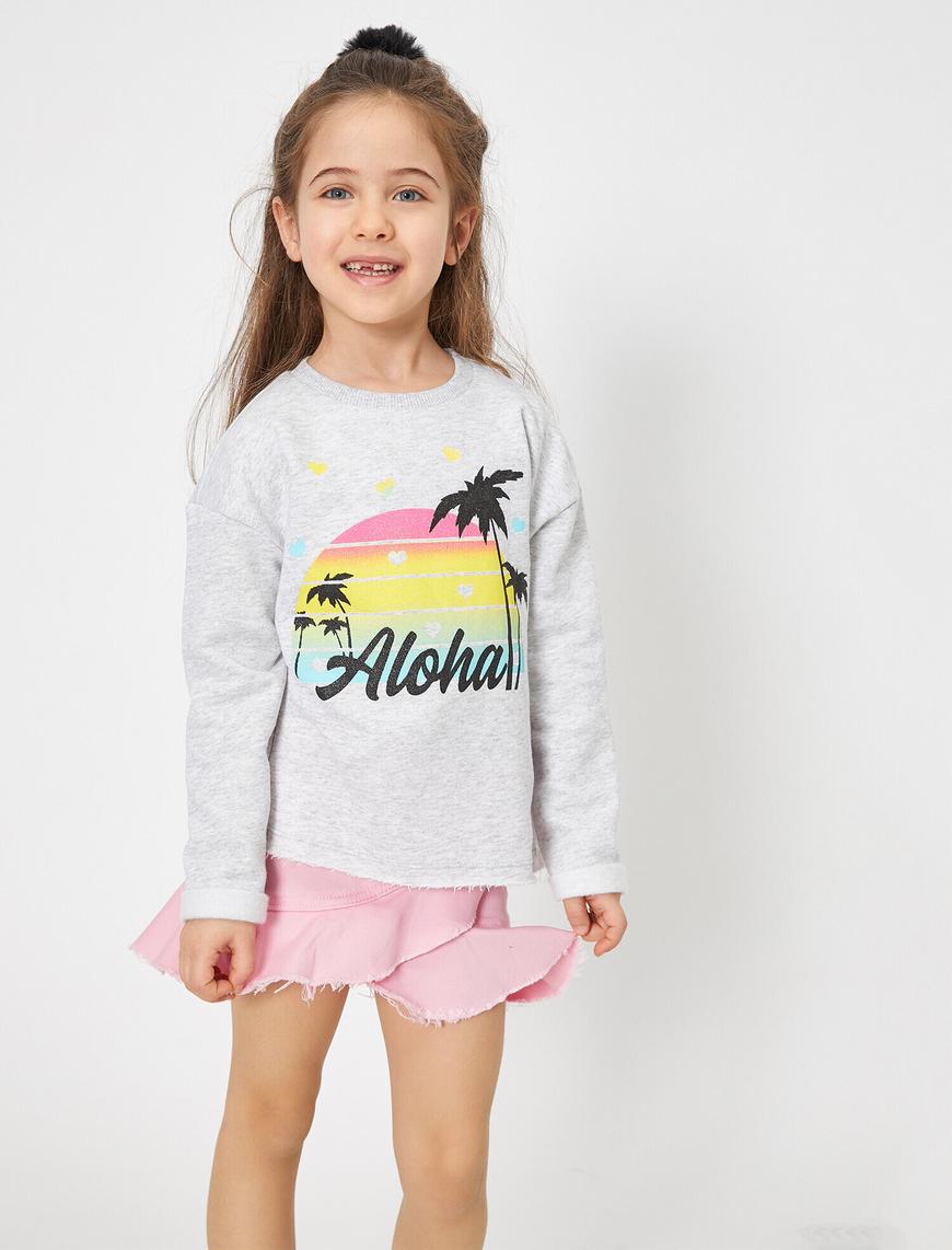  Kız Çocuk İçi Tüylü Yumuşak Sweatshirt Kumaşından Baskılı Sweatshirt