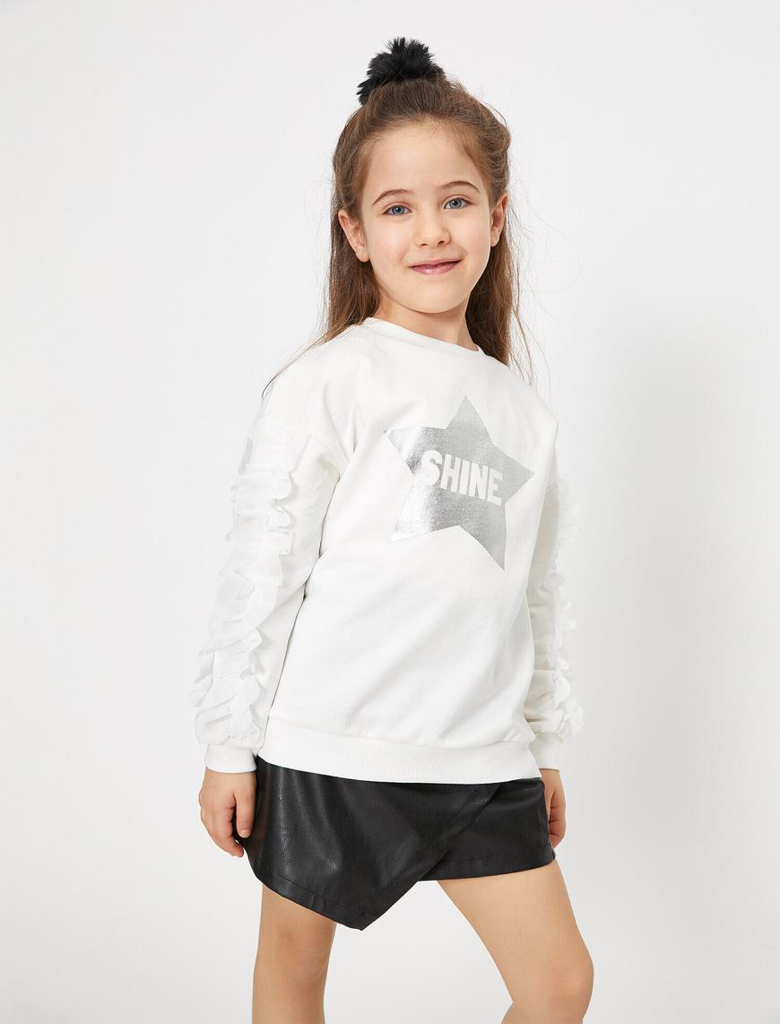  Kız Çocuk İçi Tüylü Yumuşak Sweatshirt Kumaşından Önü Baskılı Kolu Tüllü Sweatshirt