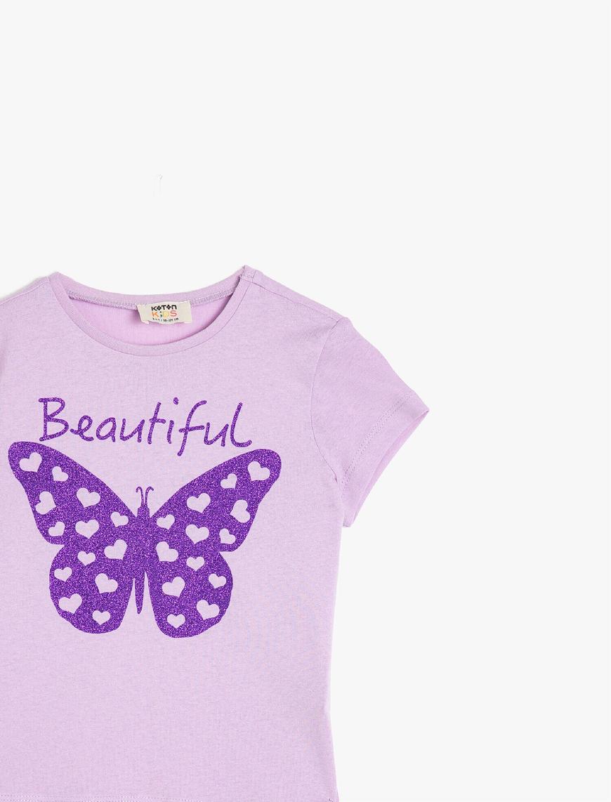  Kız Çocuk Kısa Kollu Pamuklu Simli Baskılı Tişört