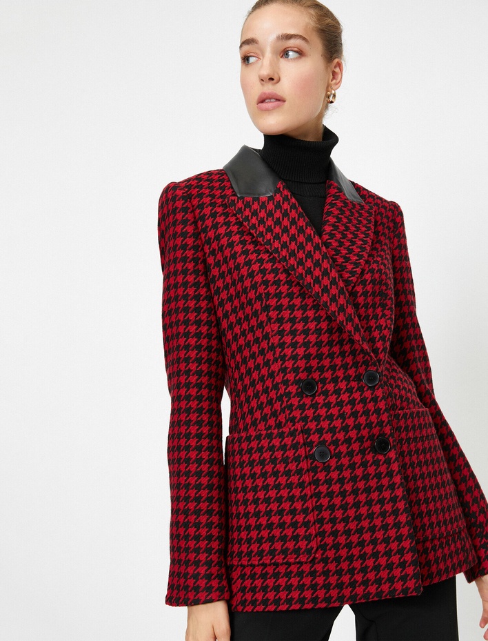  Suni Deri Detaylı Kazayağı Desenli Ceket