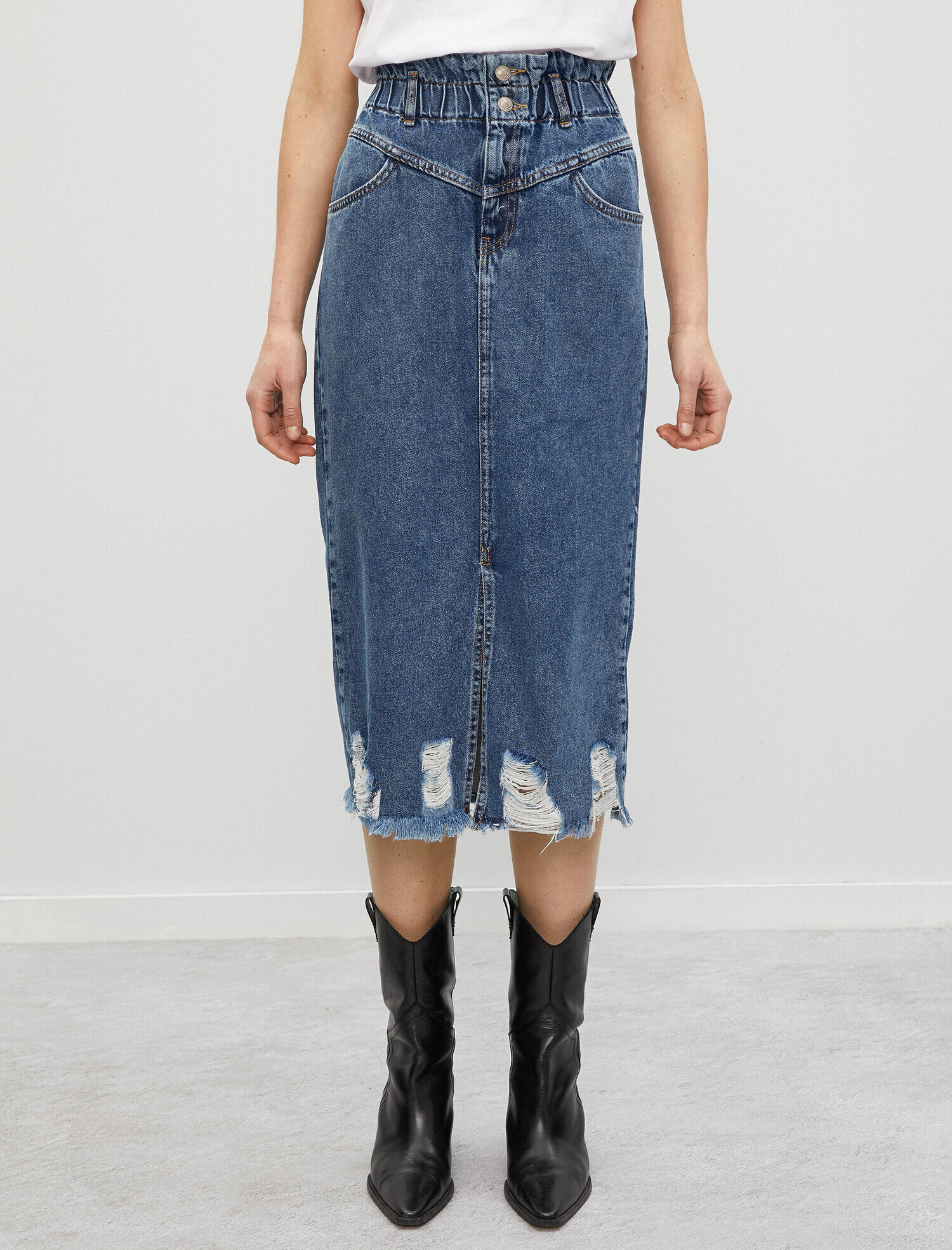   Organik Pamuk Bel Detaylı Yırtmaçlı Kot Etek