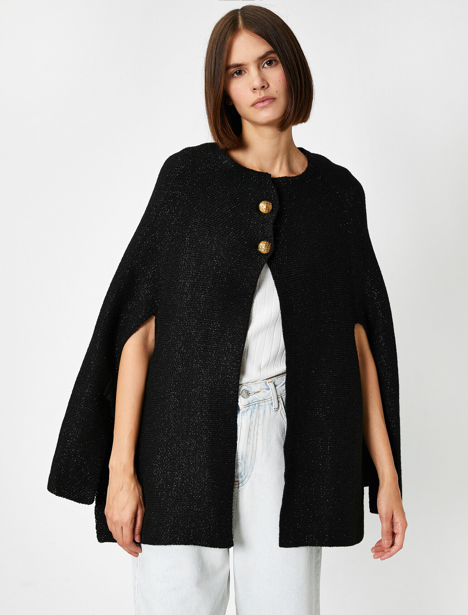   Sal Yaka Düğmeli Parlak Triko Panço