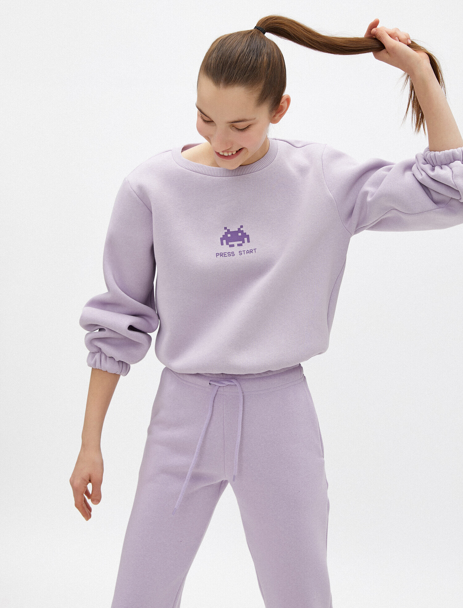   Bisiklet Yaka Baskılı Crop Sweatshirt