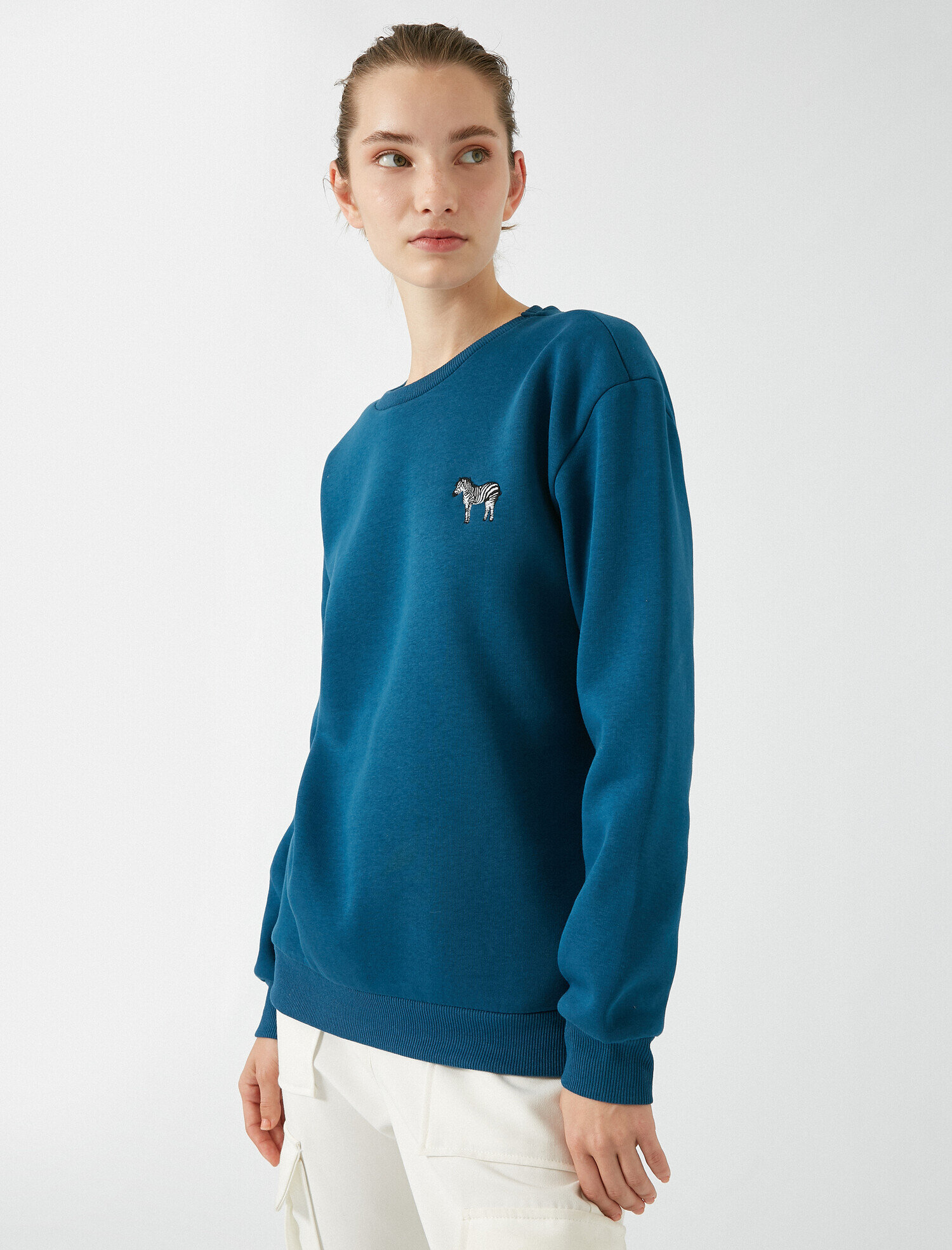   Bisiklet Yaka Uzun Kollu Zebra Detaylı Sweatshirt