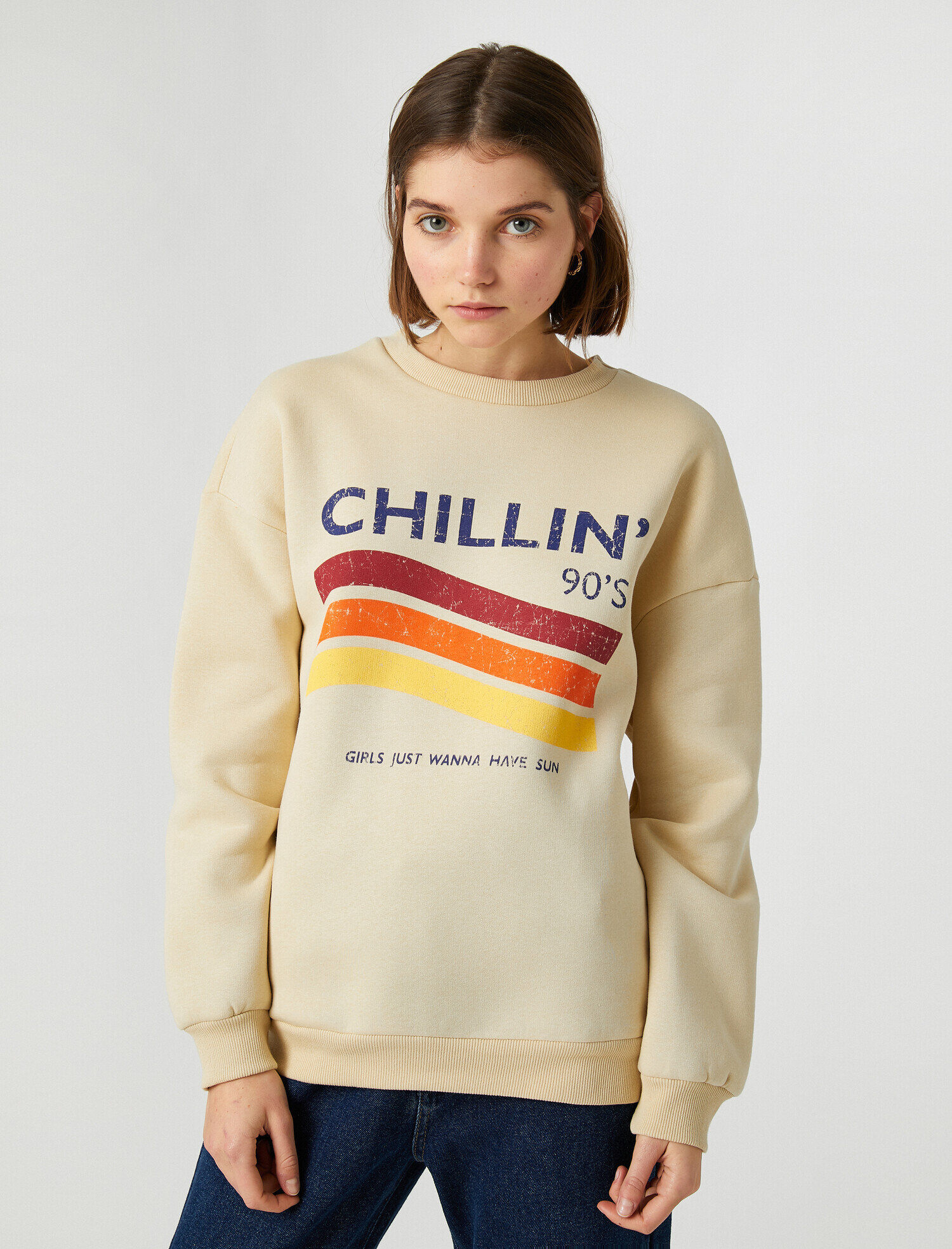   Pamuklu Bisiklet Yaka Yazılı Baskılı Sweatshirt