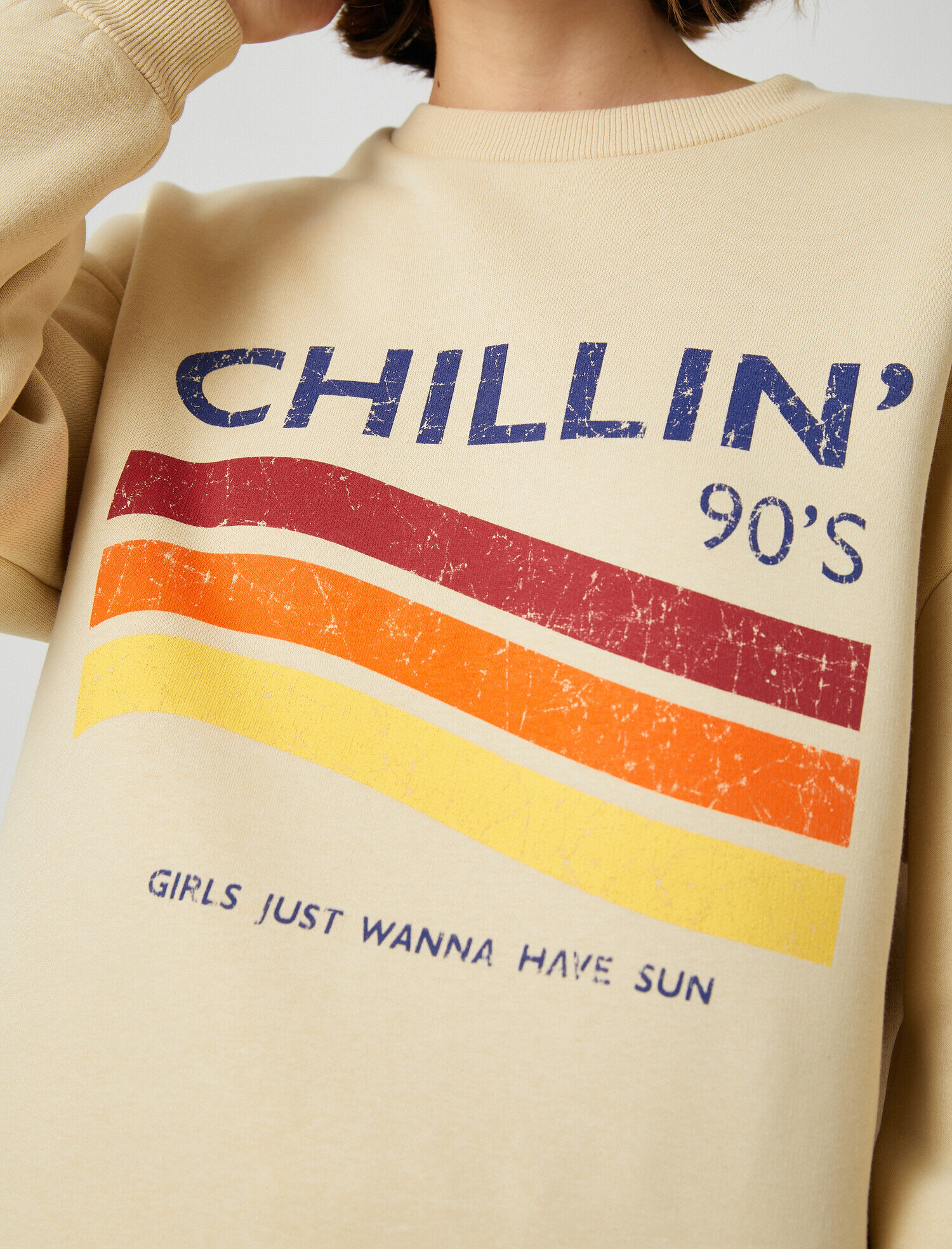   Pamuklu Bisiklet Yaka Yazılı Baskılı Sweatshirt