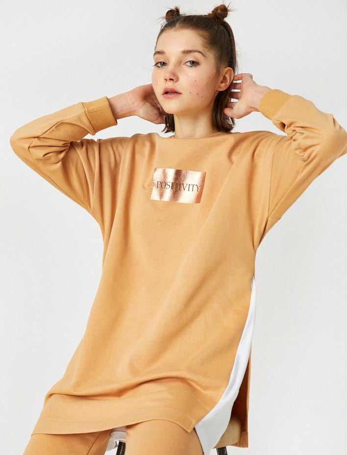  Pamuklu Bisiklet Yaka Yazılı Baskılı Sweatshirt