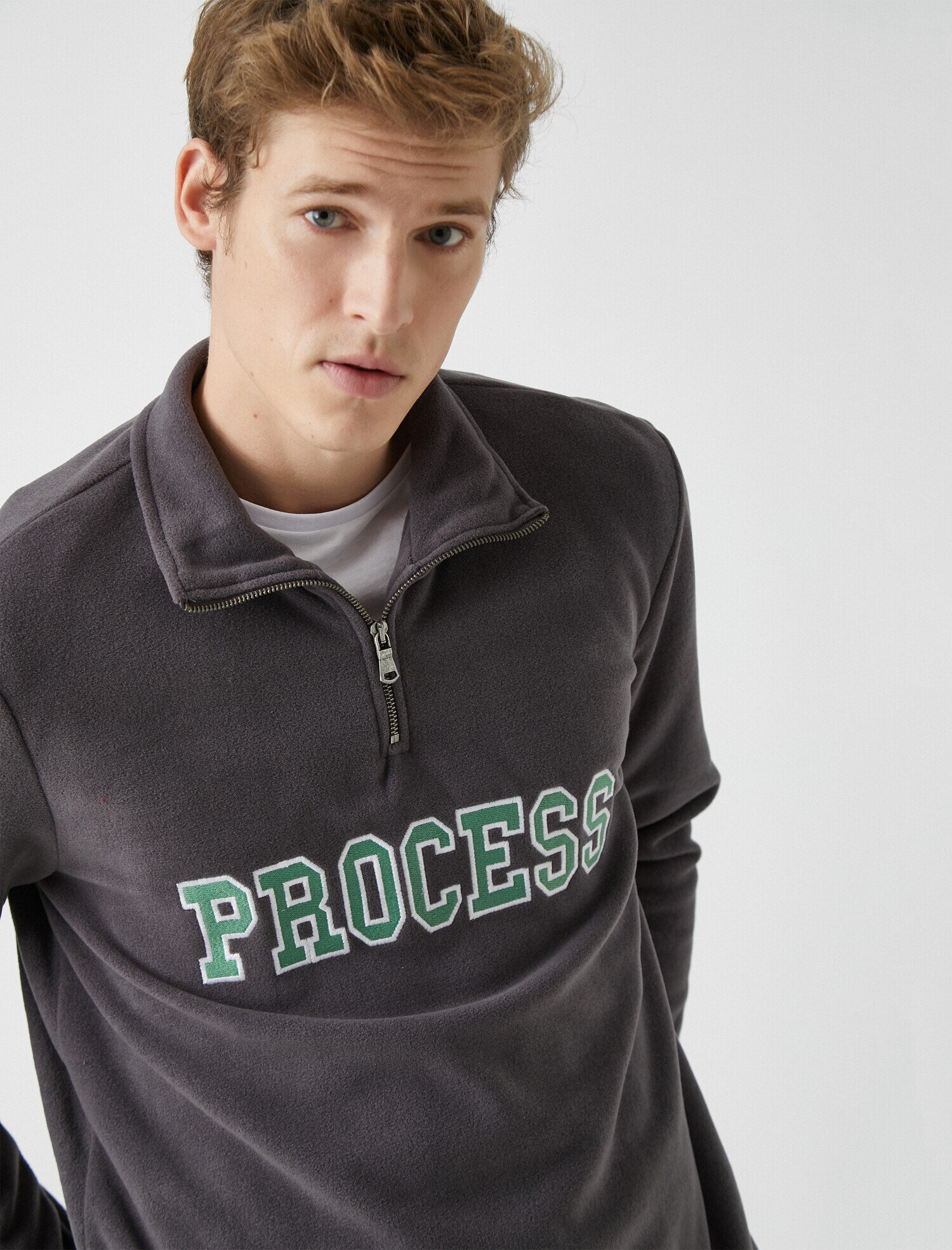 Fermuarlı Yazılı İşlemeli Polar Sweatshirt