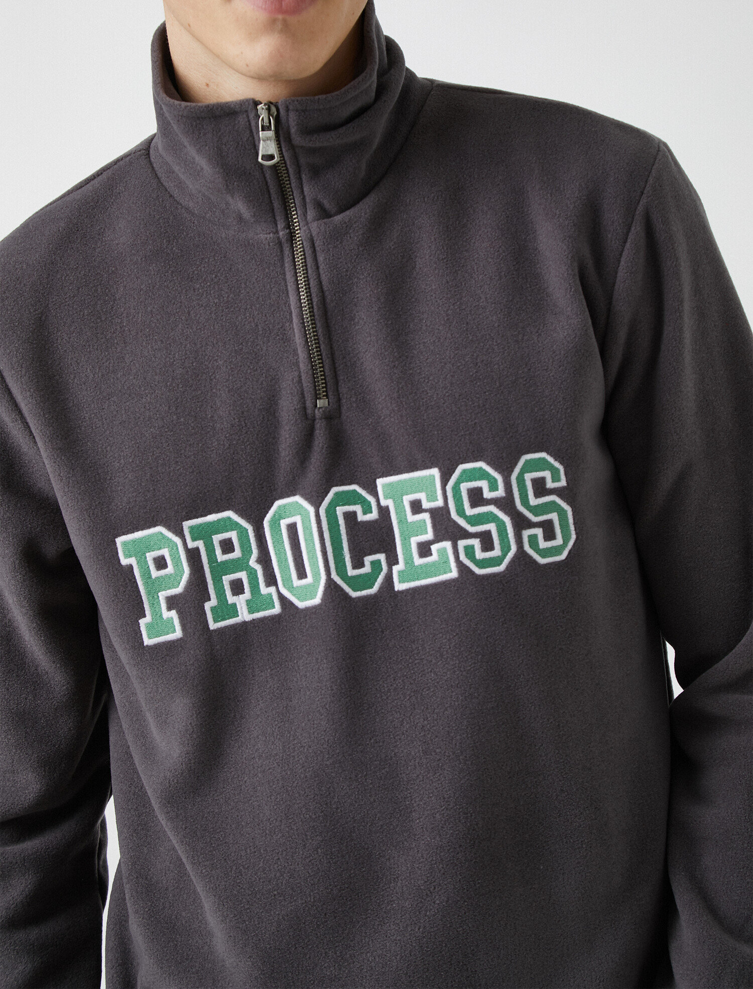 Fermuarlı Yazılı İşlemeli Polar Sweatshirt