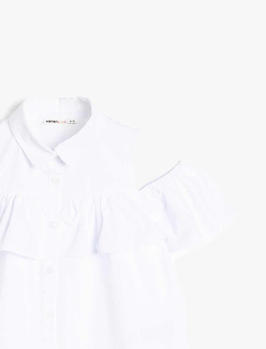  Kız Çocuk Gömlek Kumaşından Omzu Açık Önü Fırfırlı Kısa Kollu Gömlek