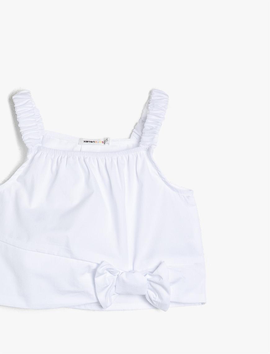  Kız Çocuk Poplin Kumaştan Askısı Büzgülü Belde Fiyonklu Kalın Askılı Bluz
