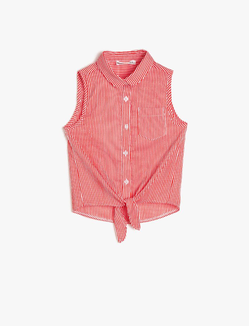  Kız Çocuk Çizgili Dokulu Gömlek Kumaşından Belden Bağlamalı Kolsuz Gömlek