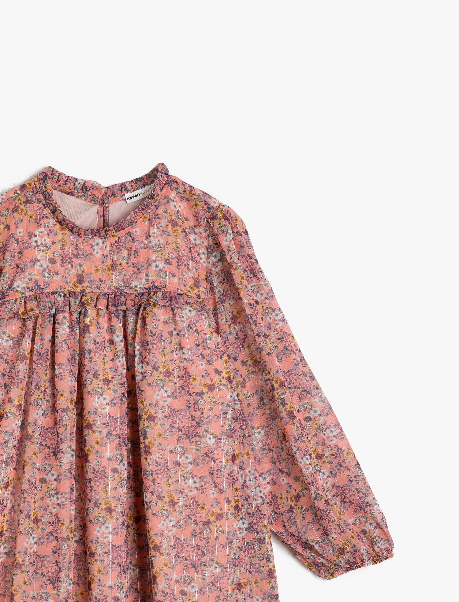  Kız Çocuk Çiçekli Simli Şifon Kumaştan Fırfırlı Uzun Kollu Orta Boy Elbise