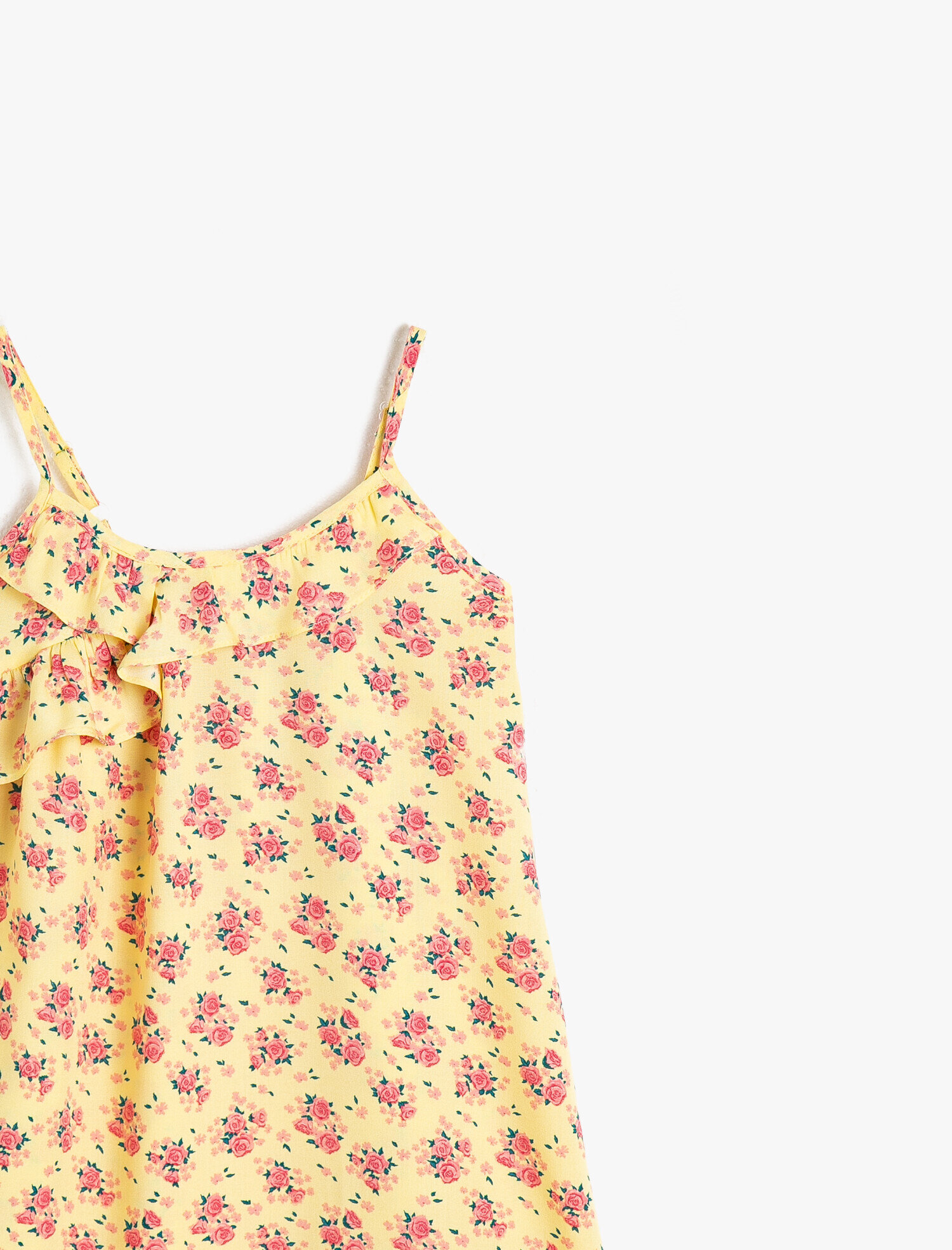  Kız Çocuk Çiçekli Dökümlü Kumaştan Fırfırlı Bol Kesim Askılı Orta Boy Elbise