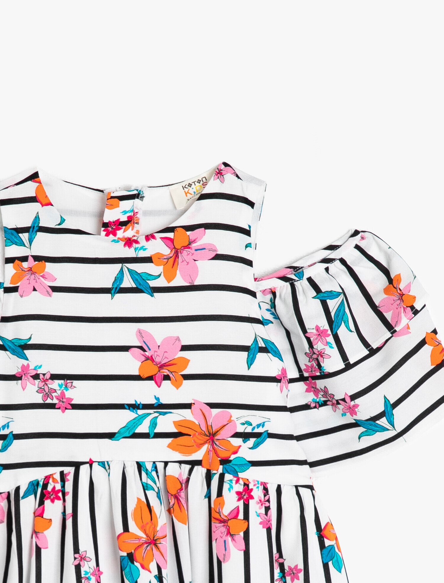  Kız Çocuk Çizgili Dökümlü Kumaştan Omzu Açık Kısa Kollu Diz Altı Elbise