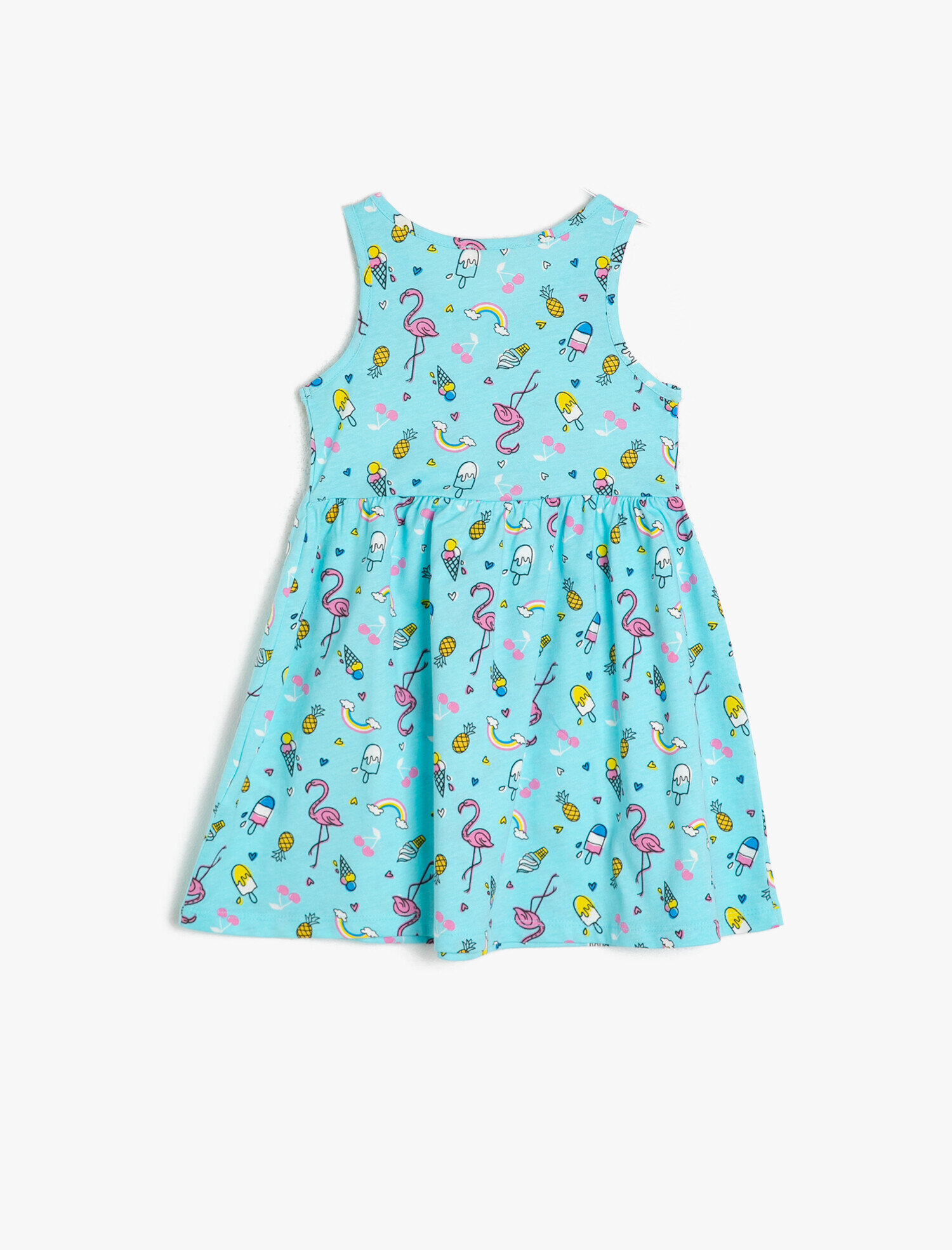  Kız Çocuk Flamingo Baskılı Kolsuz Belden Oturtmalı Bol Kesim Elbise