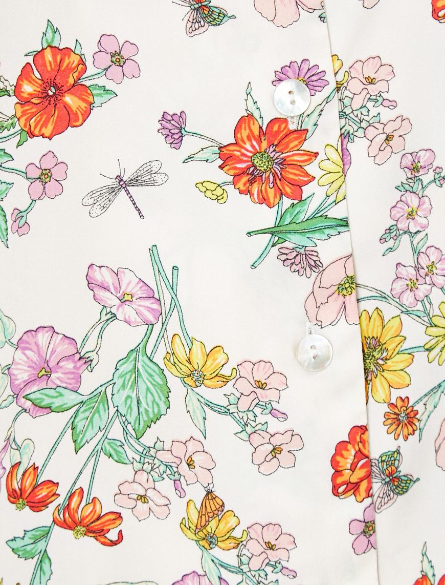   Çiçek Desenli Fırfır Detaylı Kısa Kollu Pijama Üstü