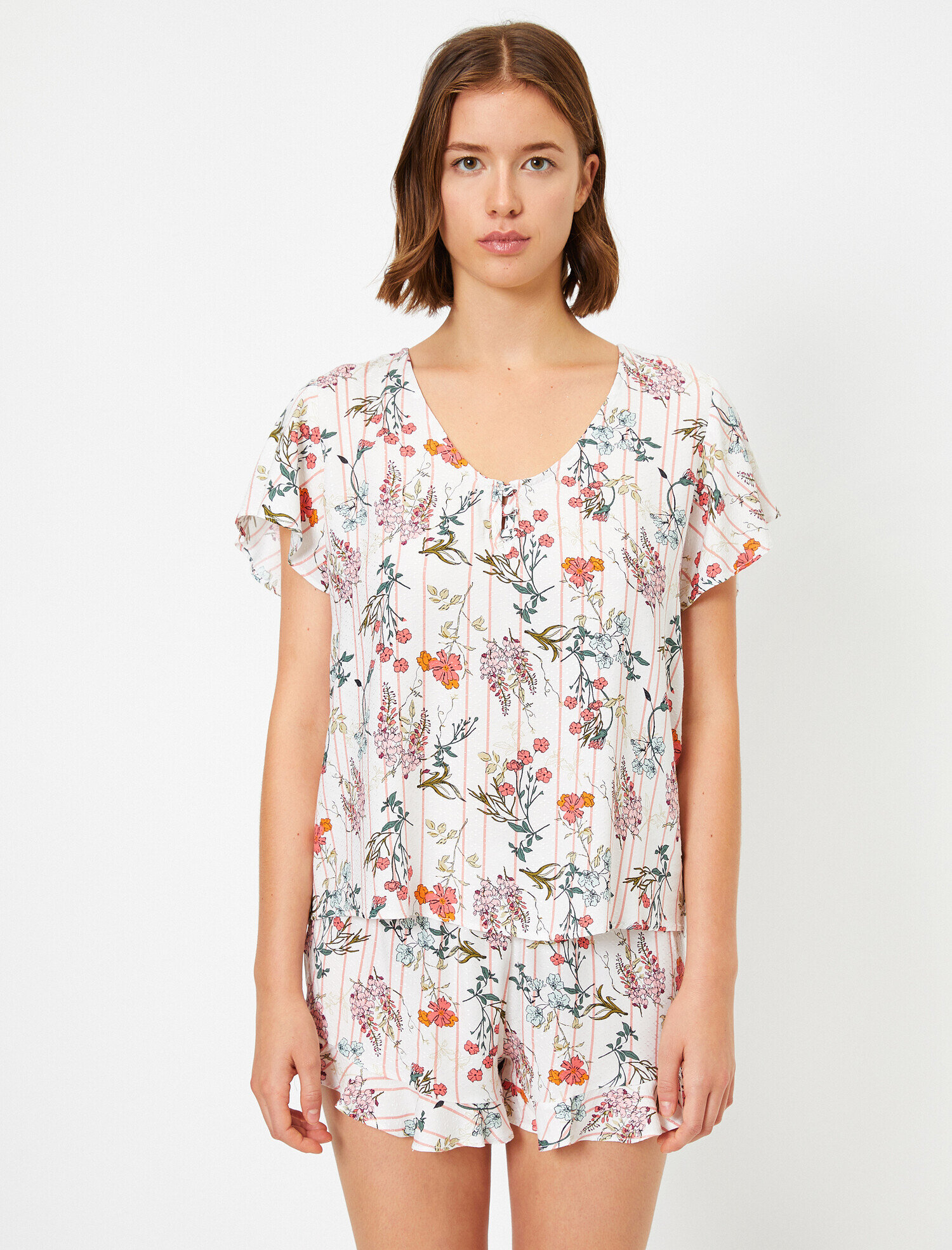   Çİçekli Kısa Kollu Çiçekli Pijama Üstü