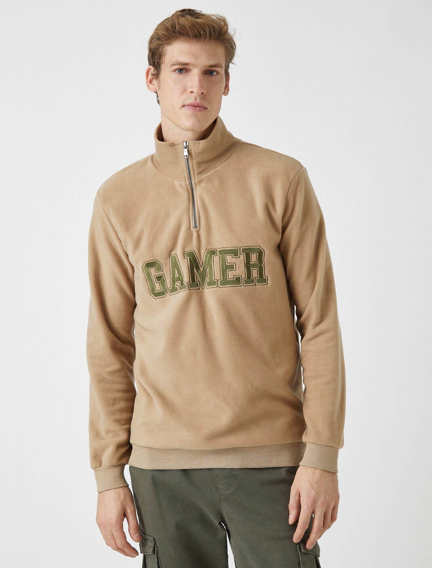   Fermuarlı Yazılı İşlemeli Polar Sweatshirt