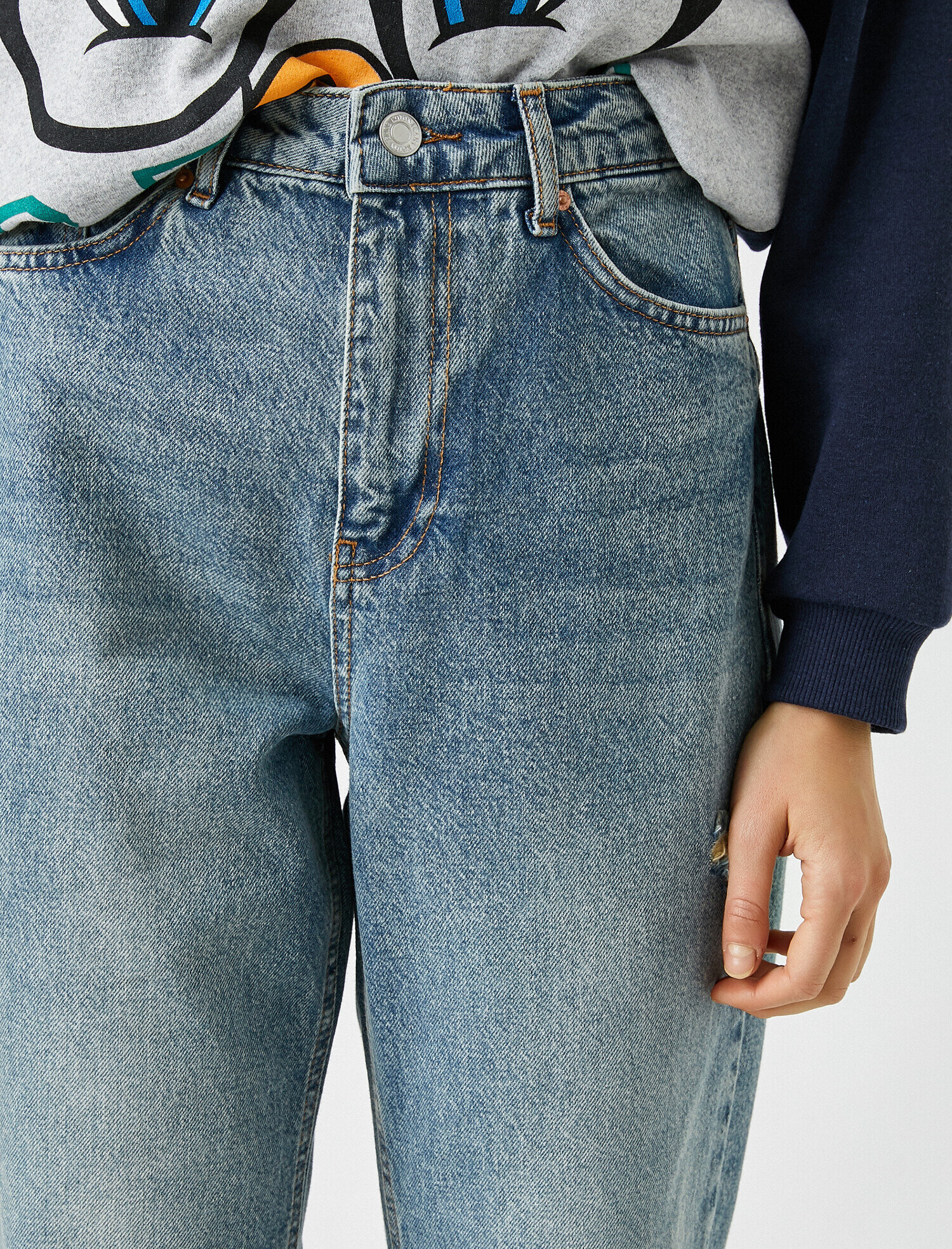   Yüksek Bel Dizi Yırtık Kot Pantolon - Mom Jean