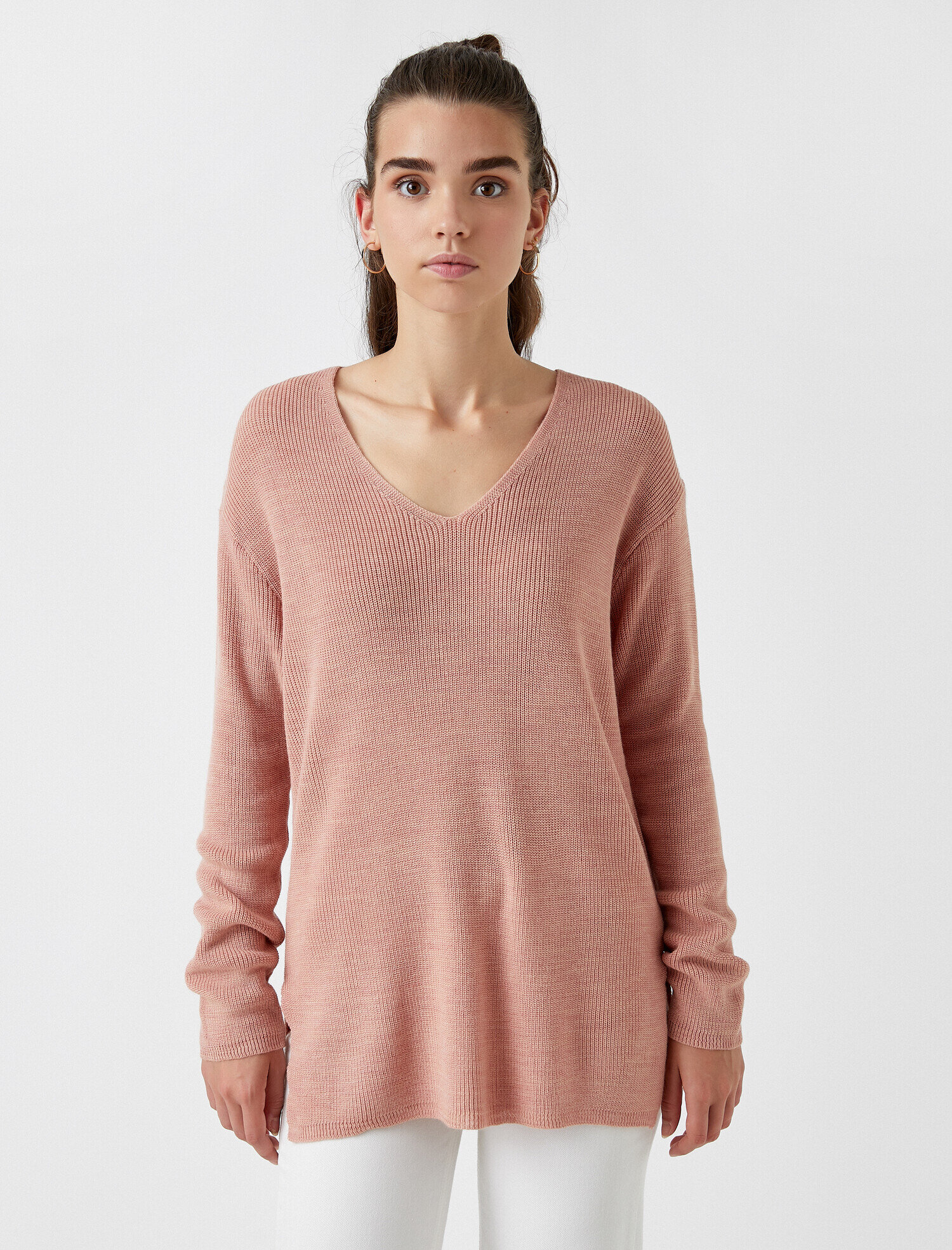   V Yaka Uzun Kollu Basic Triko Kazak Kaşmir Dokulu