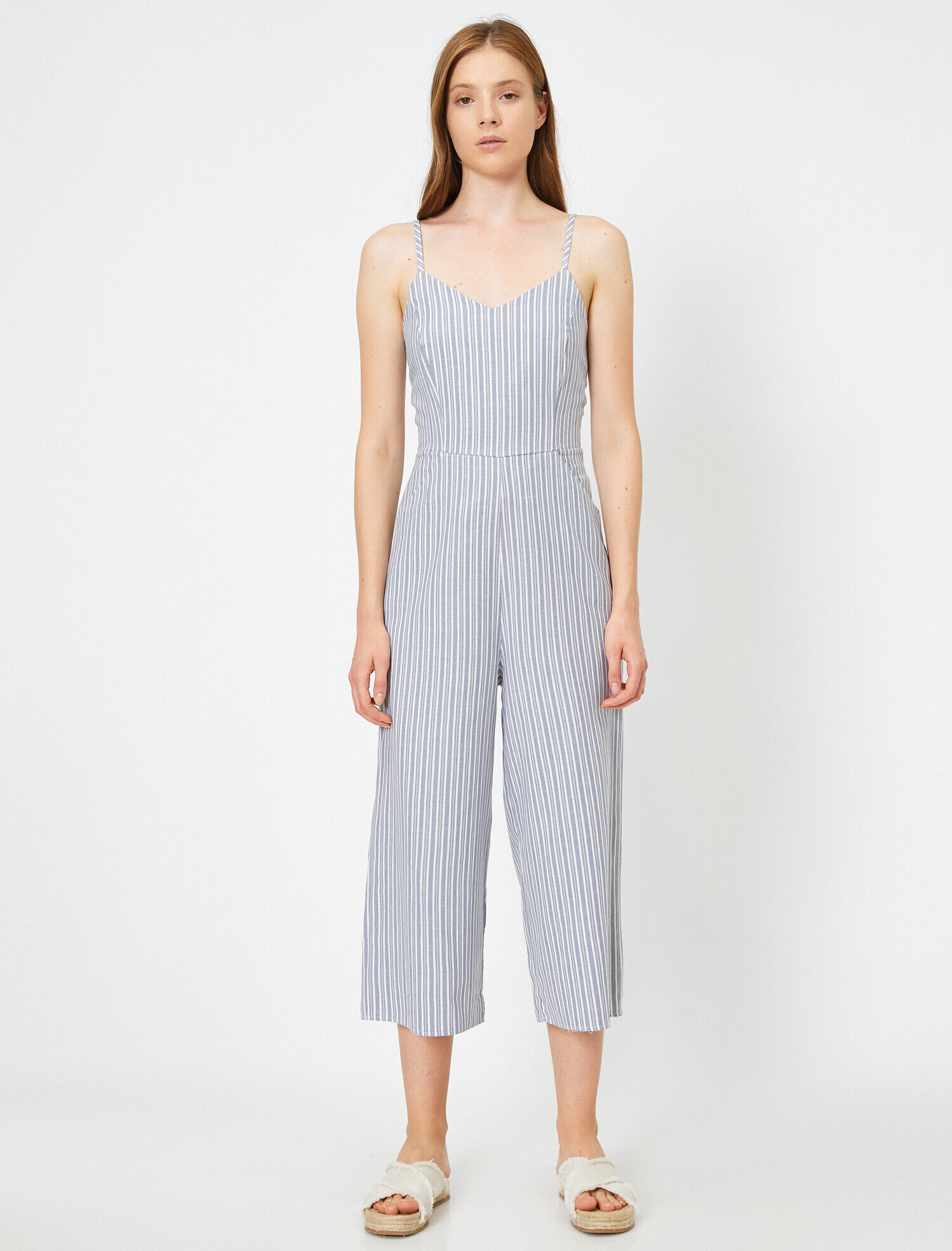   Pamuklu Çizgili Askılı Tulum