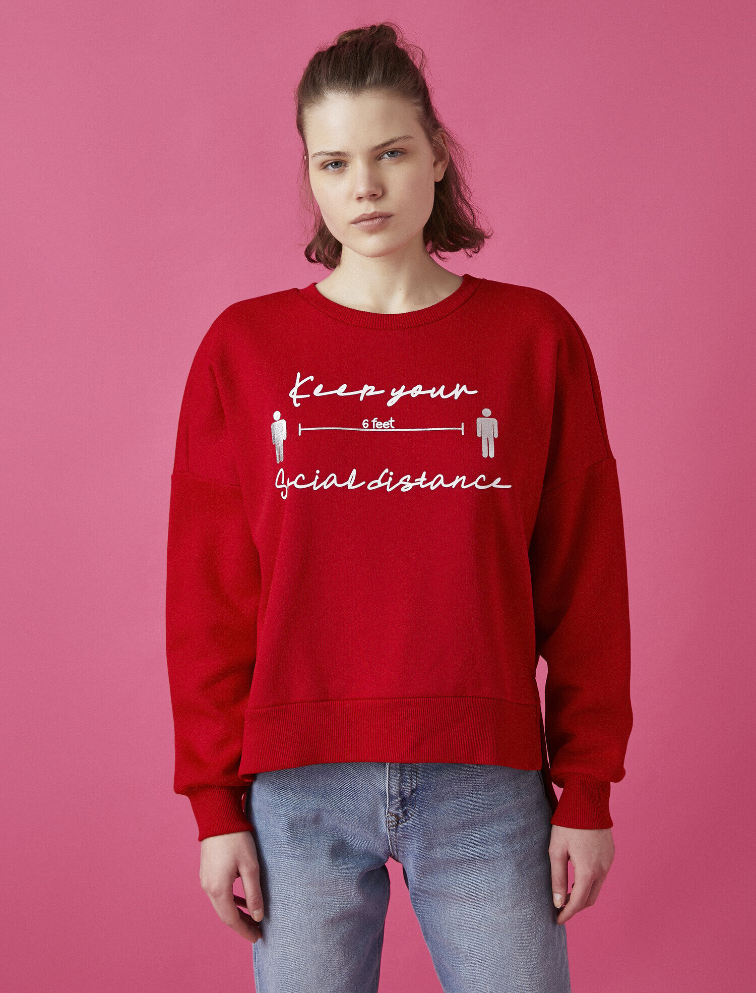 Pamuklu Bisiklet Yaka Baskılı Sweatshirt
