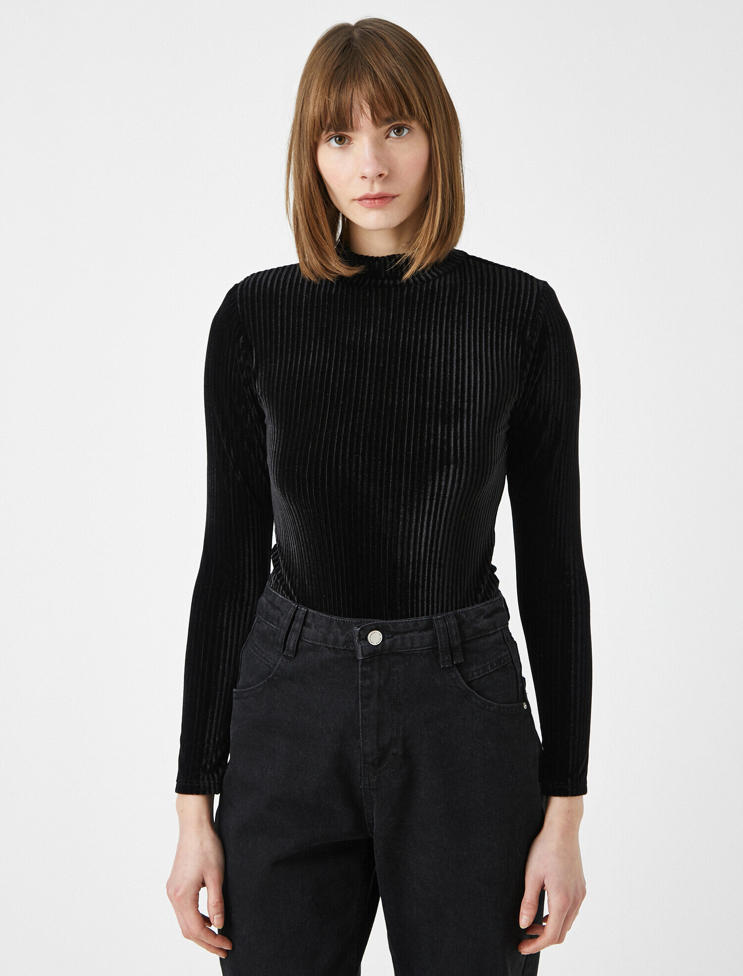   Uzun Kollu Tişört Dik Yaka Kadife