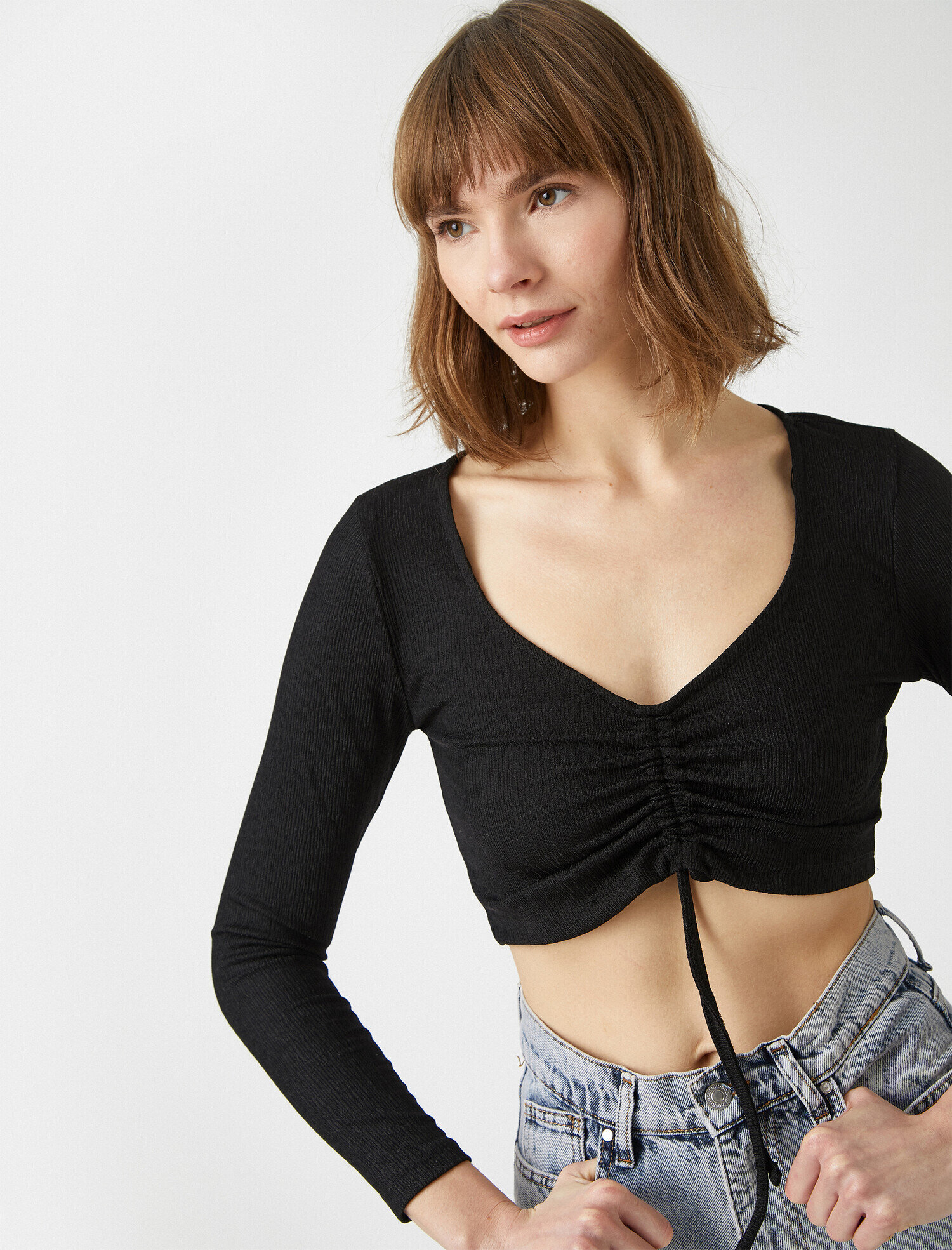   Crop Uzun Kollu Tişört Büzgülü