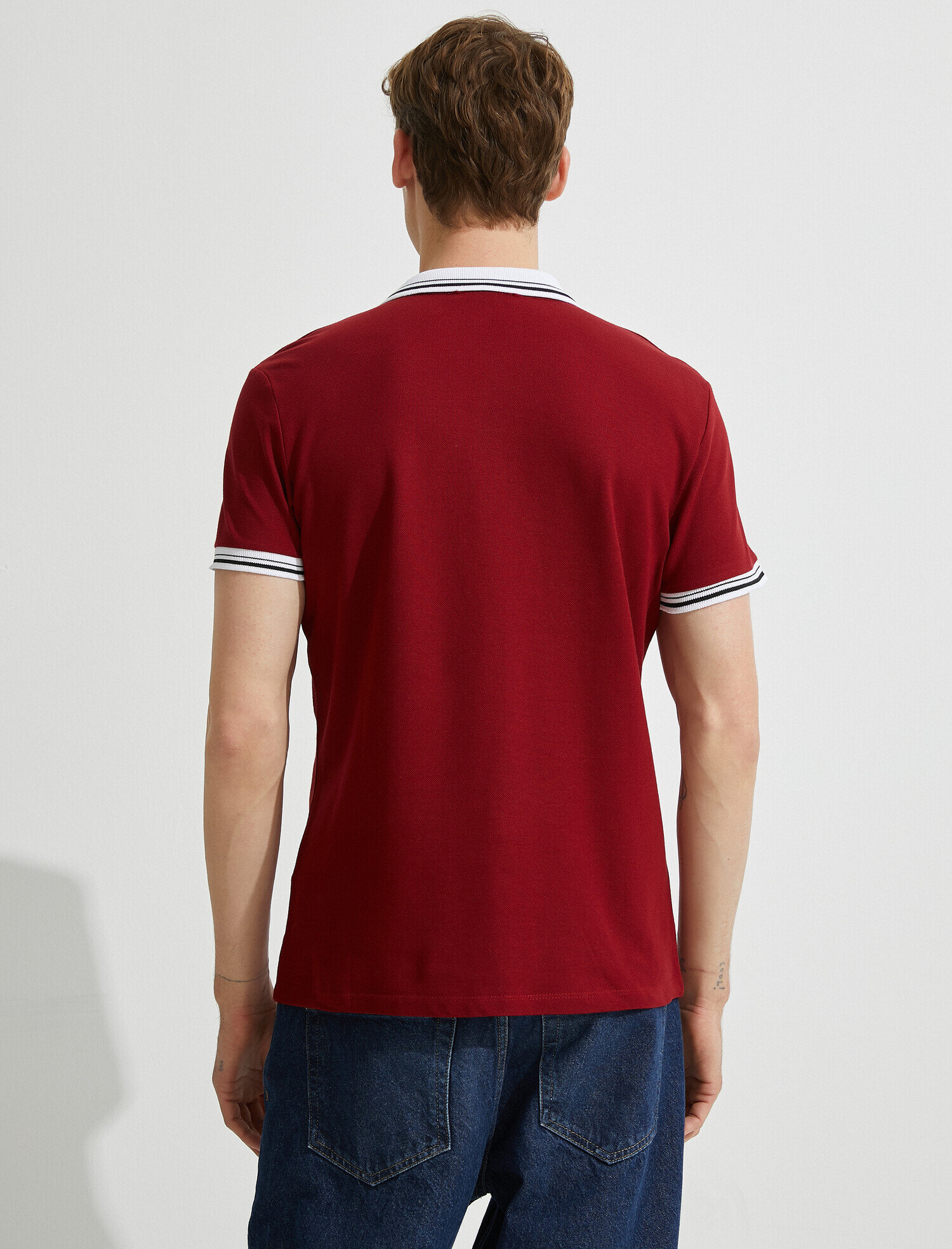   Polo Yaka Tişört Şerit Detaylı Pamuklu