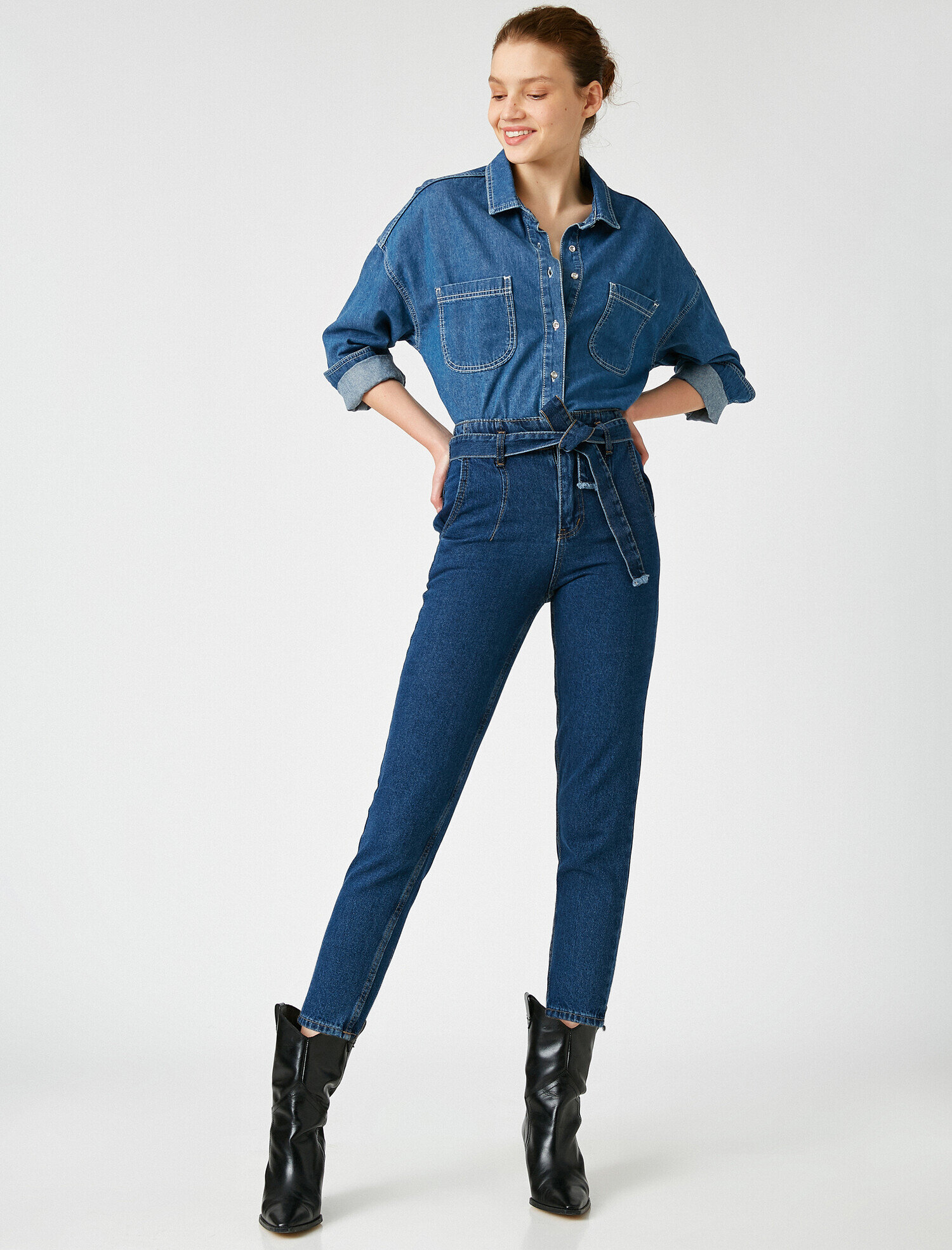   Kemerli Kot Pantolon - Mom Jean