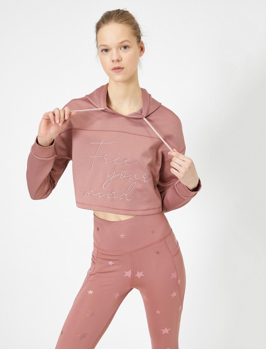   Nakış Detaylı Kapüşonlu Crop Sweatshirt