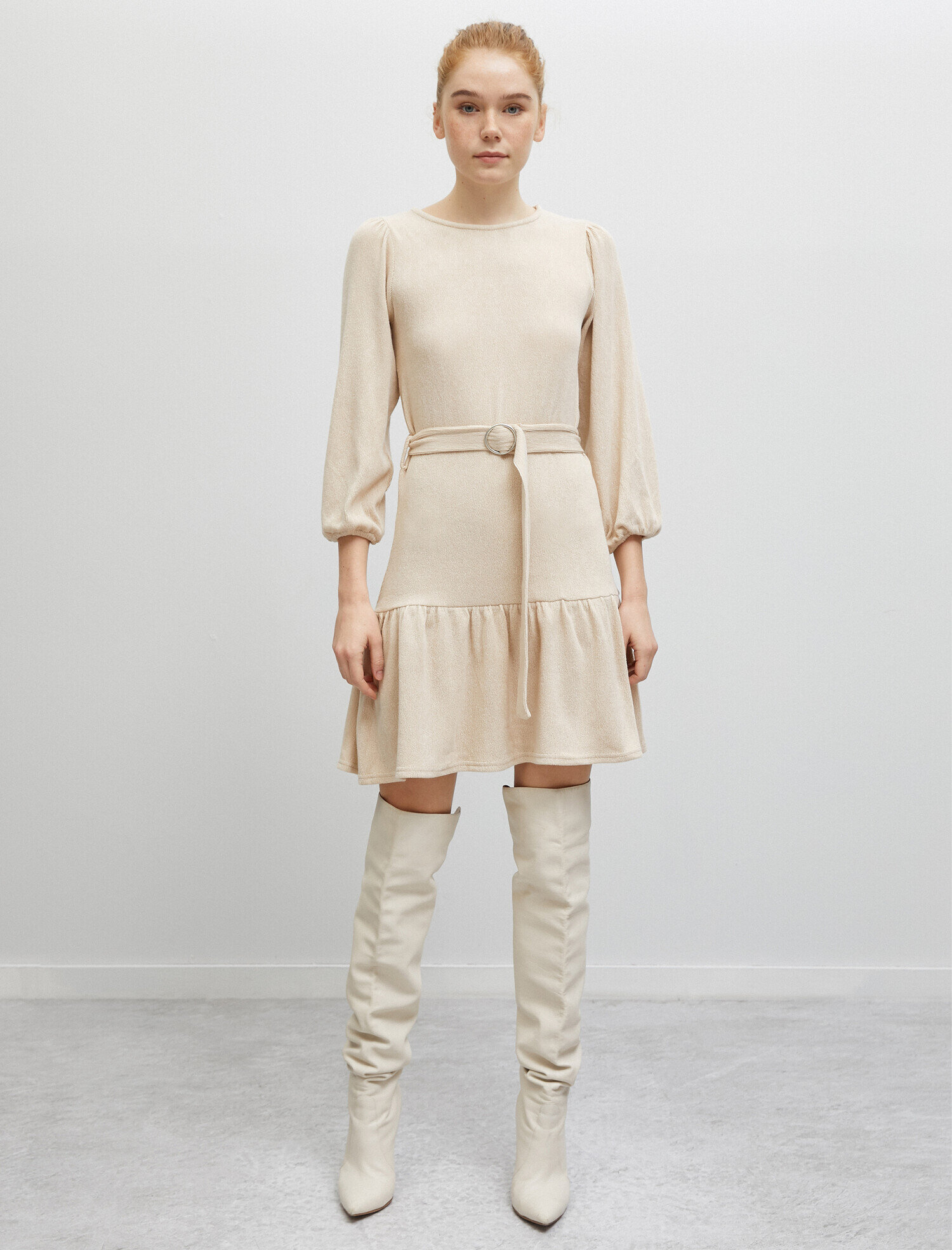   Bisiklet Yaka Uzun Kollu Kemerli Elbise