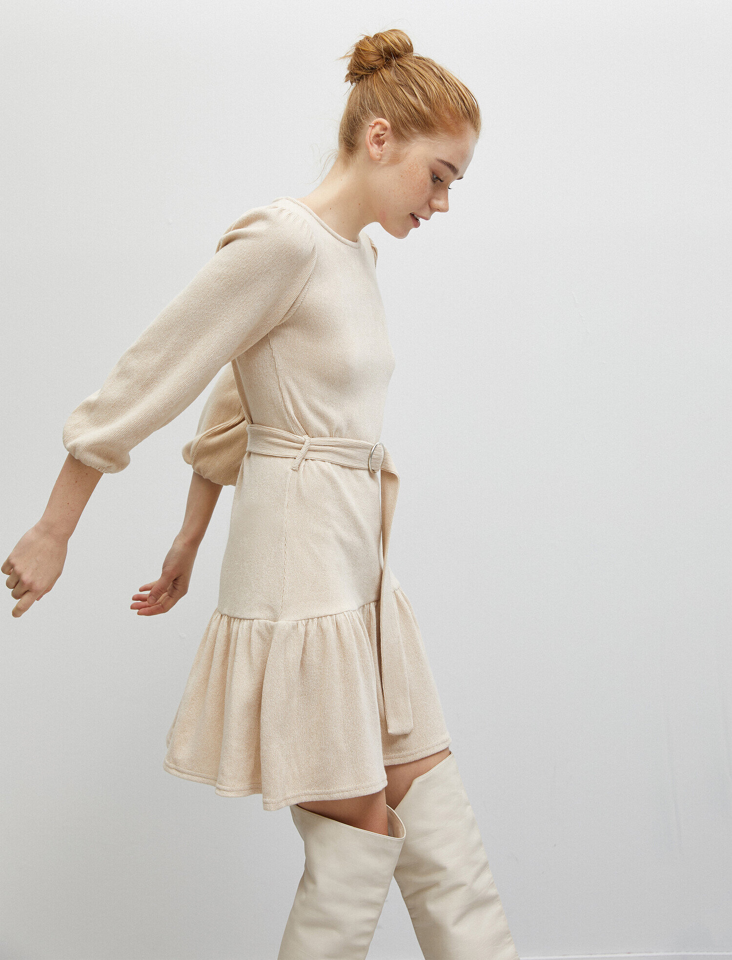   Bisiklet Yaka Uzun Kollu Kemerli Elbise