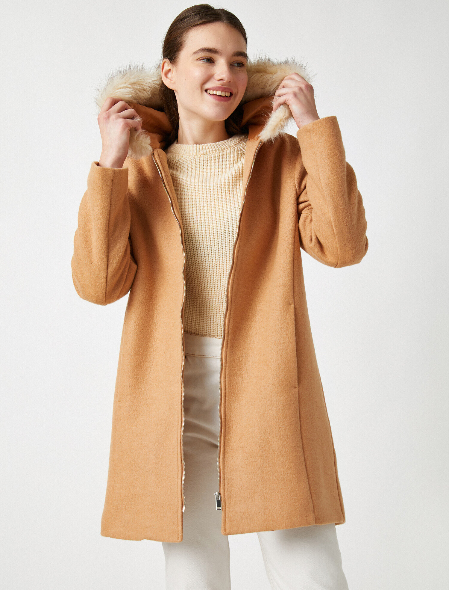   Suni Kürklü Kapüşonlu Kaban