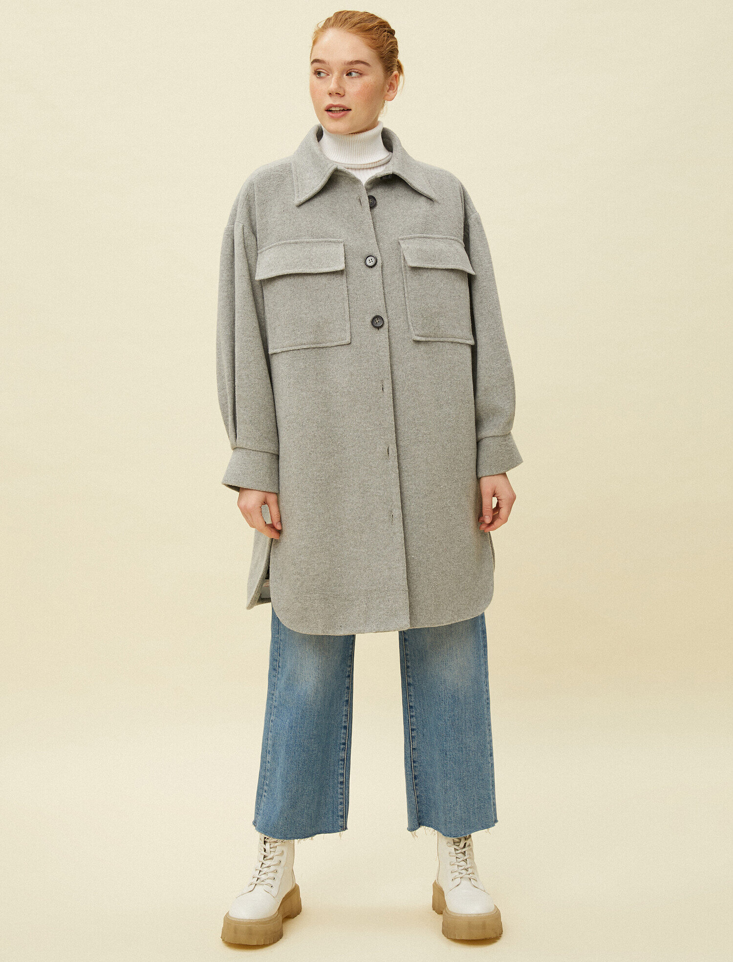   Gömlek Yaka Kapitoneli Astarlı Uzun Kaşe Ceket